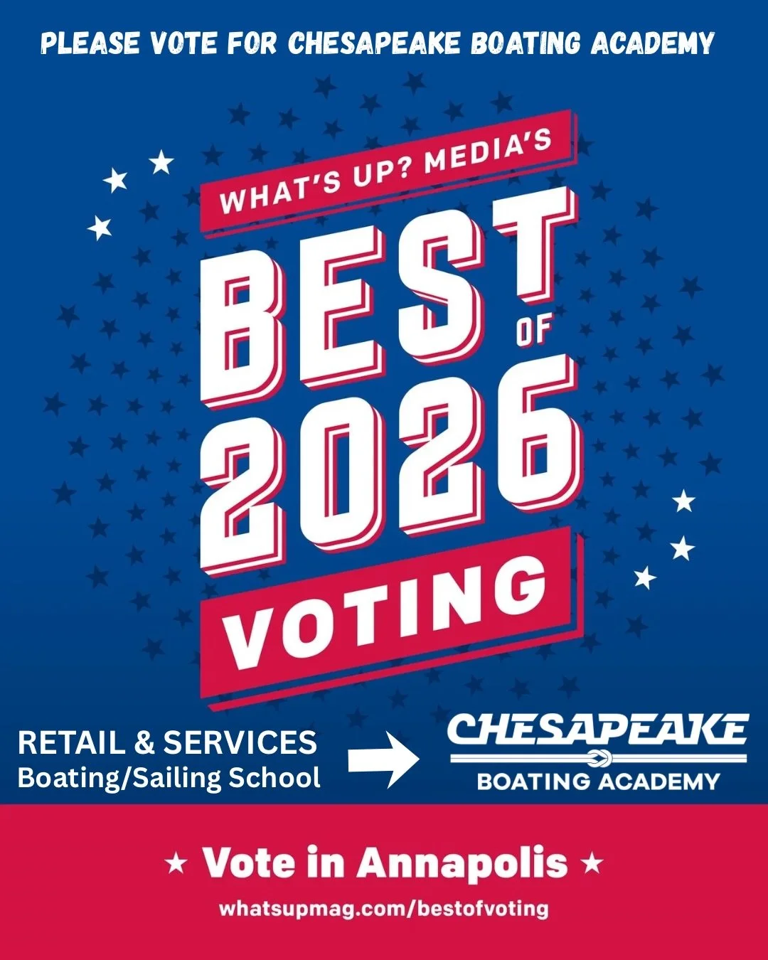Please vote for Chesapeake Boating Academy! We have 2 locations- please vote for us TWICE- once in the Annapolis link AND once in the Eastern Shore link. (We are listed under the Category Retail Services and then Boating/Sailing School) 
Thank you! -