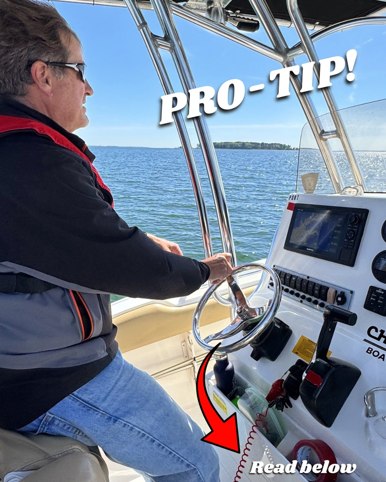 PRO-TIP: if the red engine cut off switch lanyard on your helm is positioned similar to ours (close to throttle and wheel) it can help to attach the red lanyard down around your ankle or to your shoe (works on shoes with laces but not flip flops!)-th