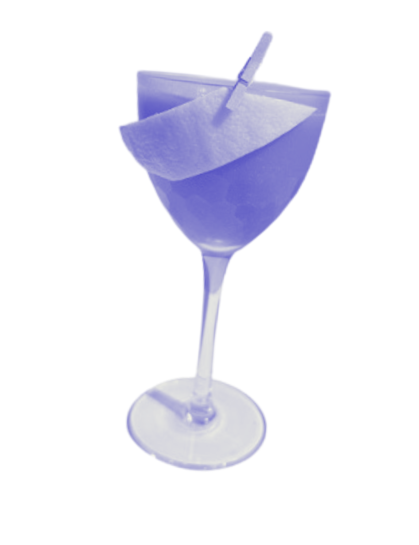 A cocktail glass with a blue drink, garnished with a purple umbrella and a straw.