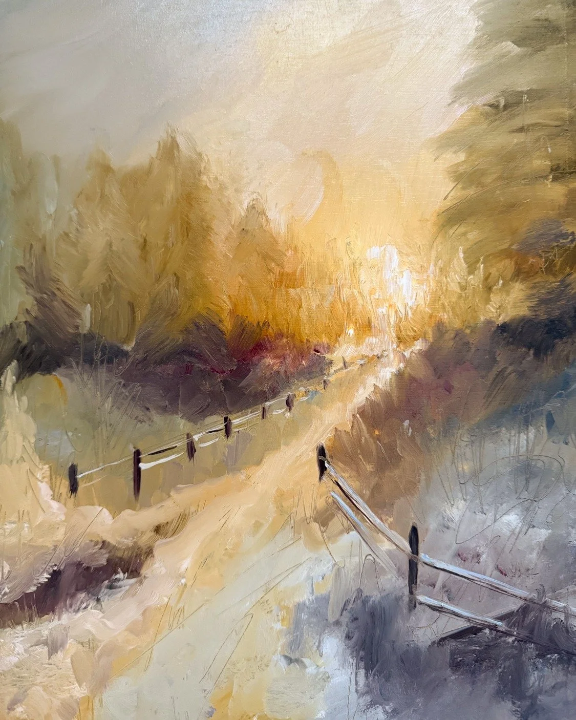 This one feels a little christmassy. 
Striving for colour temperature control again. 

#tonalvalues #colourtemperaturecontrol #winterpath #winterwalk #oilpainting #oilonboard #winterscene #winterscenepainting #heidilaughtonart