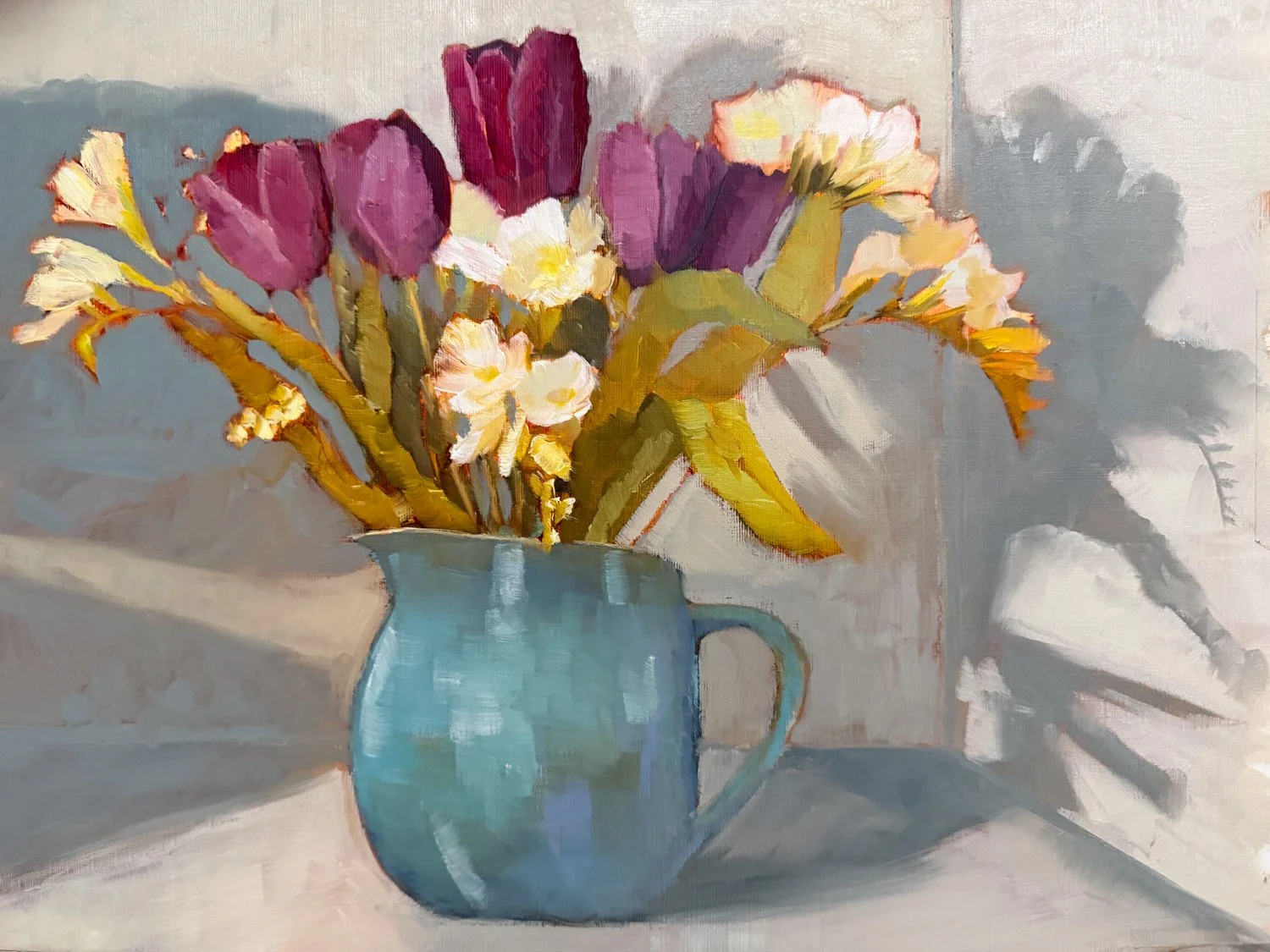 Purple tulips &amp; white Freesias in a blue vase. 
Not crazy about this one, but hey it's all good practice. Swipe to see the underpainting. 

I found it interesting that having switched recently when painting landscapes to doing reductive style ton