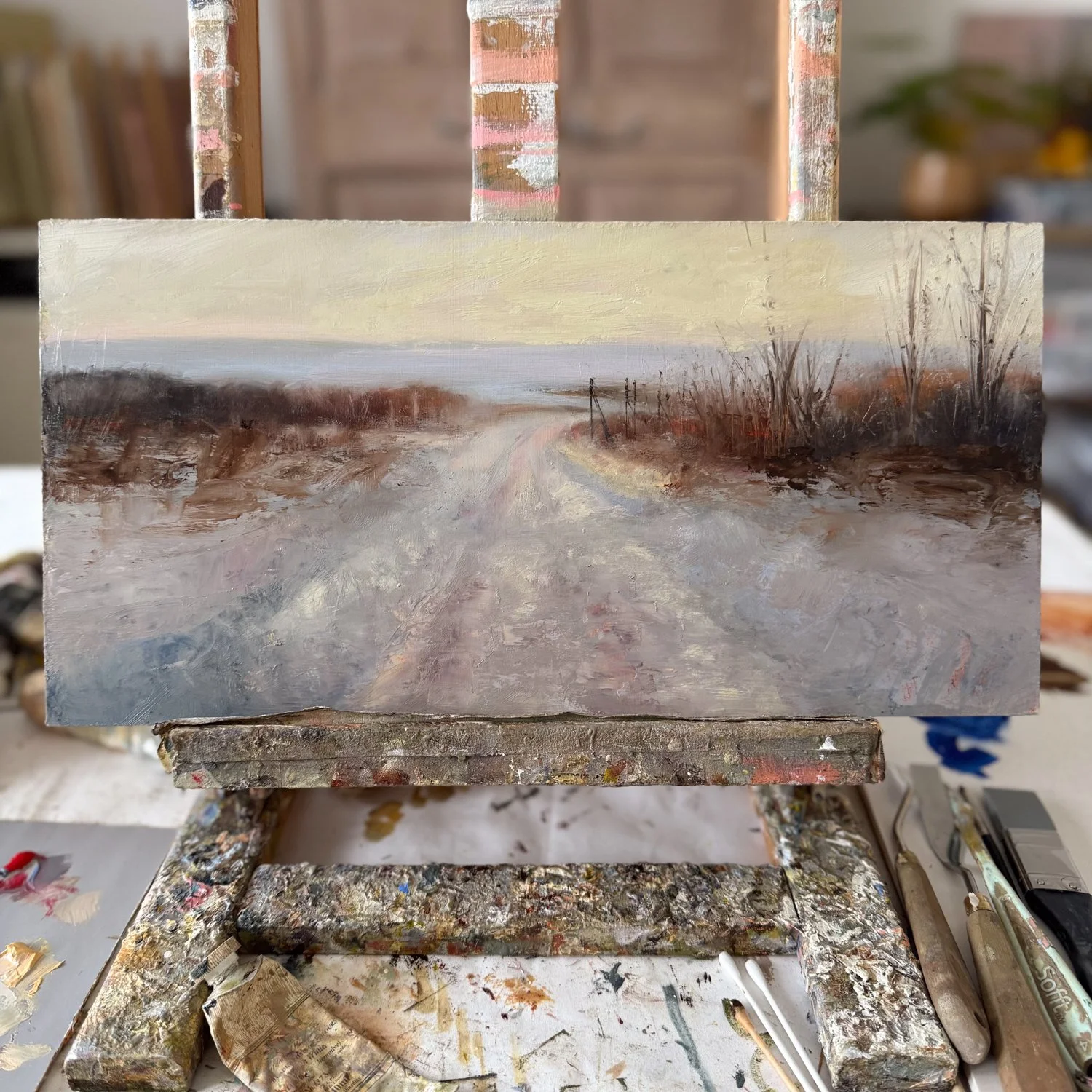 On the Easel - "Snowy Path"

I've been wanting to paint a snow scene for ages, but it just hasn't snowed here in Kent yet this year, so I've had to make do with a photo off the internet (not something I normally do) and a bit of artistic li