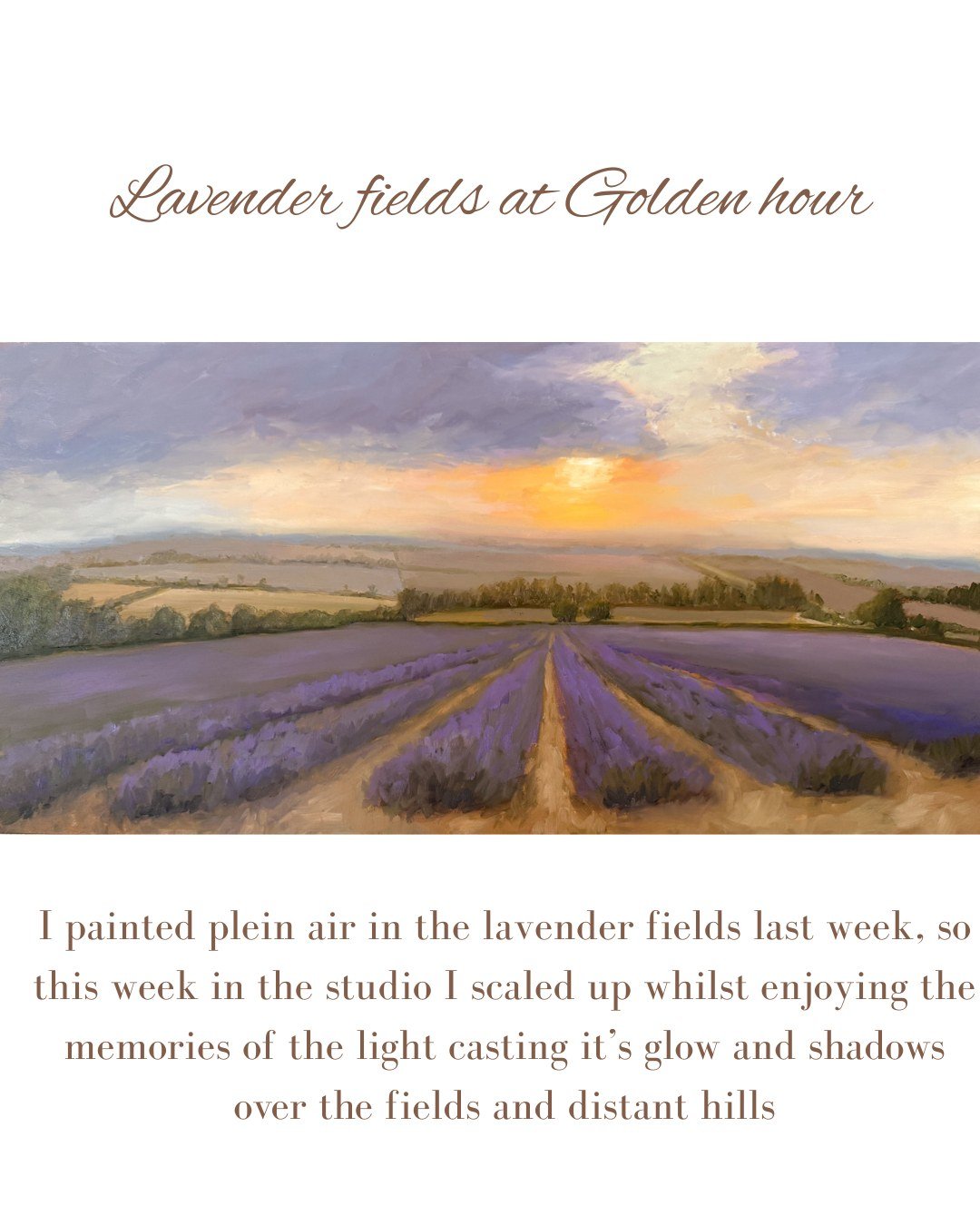 Lavender Fields at Golden Hour
61 x 30.8cm (24 x 12 inches)
Oil on wood panel

I painted this in the studio this week, based on plein air studies I made last week at Castle Farm Lavender Fields (see previous posts). I can still feel that warm glow as