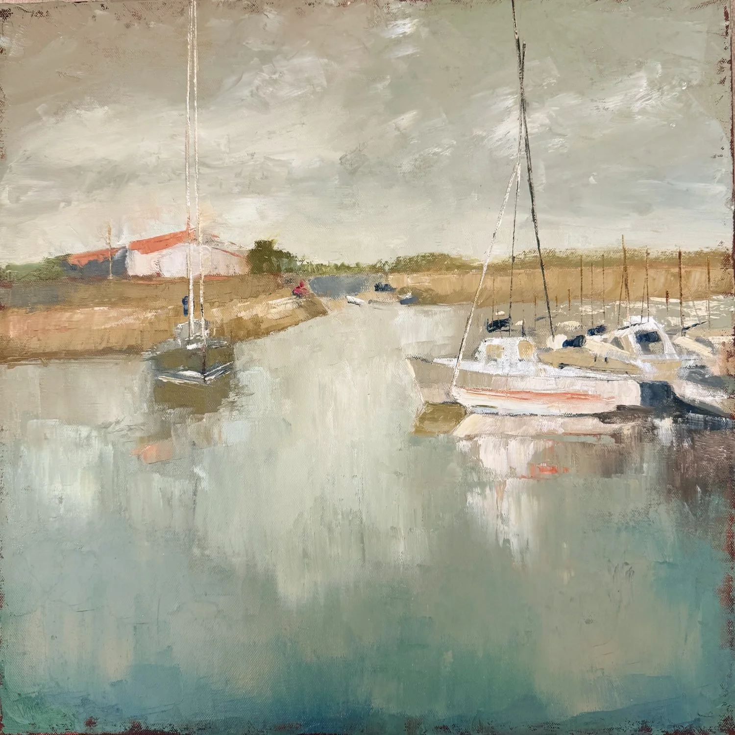 An experiment - using a canvas (I usually paint on wood panels) and using a palette knife throughout.  I was curious to see how the palette knife worked on canvas compared to wood ( it was springier). 
From a photo I took at Ars en Re harbour on the 