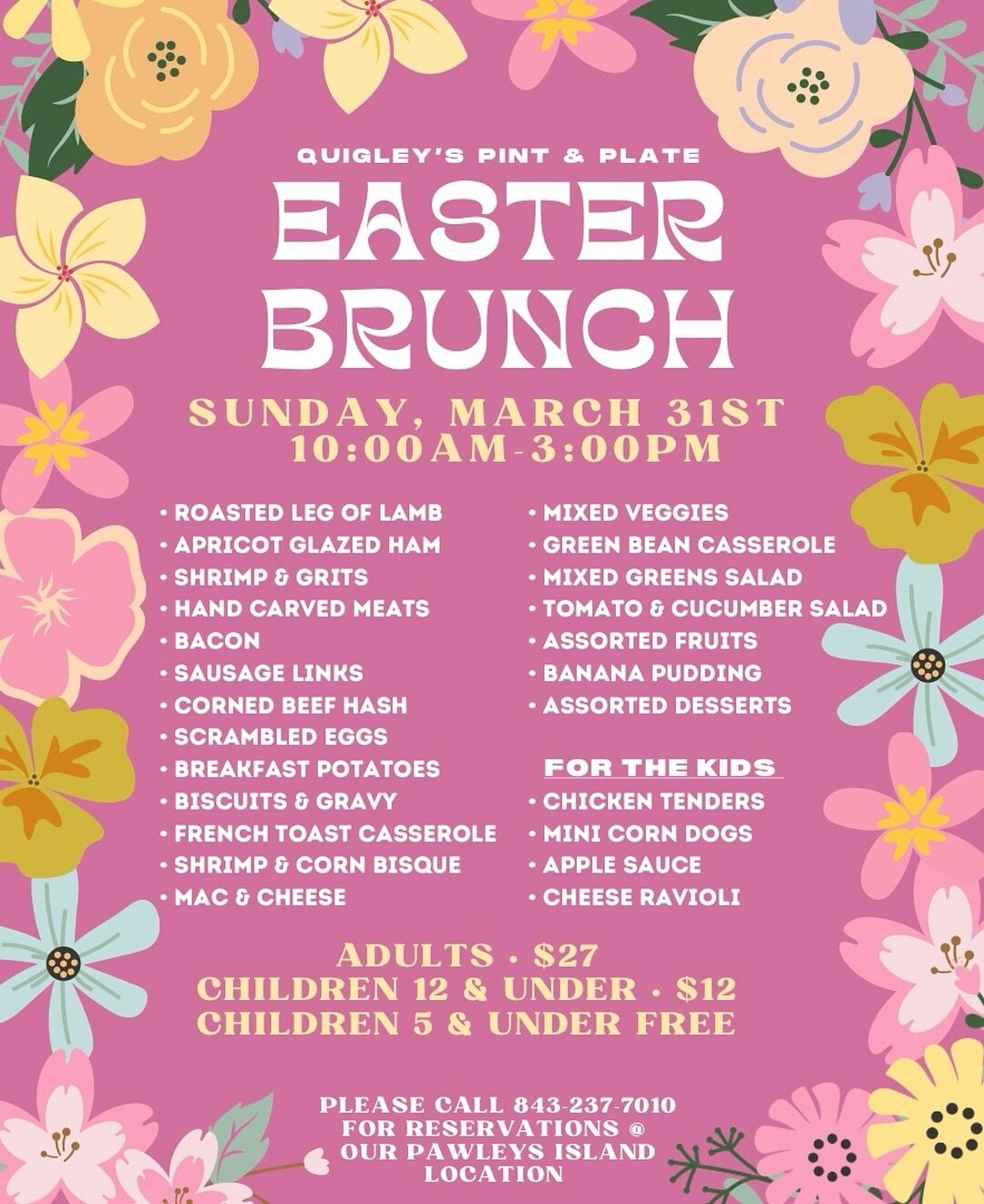 🐰 We are now accepting reservations for our Easter Brunch! 

☎️ Call us at 843-237-7010 to reserve your spot! 

#easterbrunch #pawleysisland #quigleyspintandplate #easter #quigleys