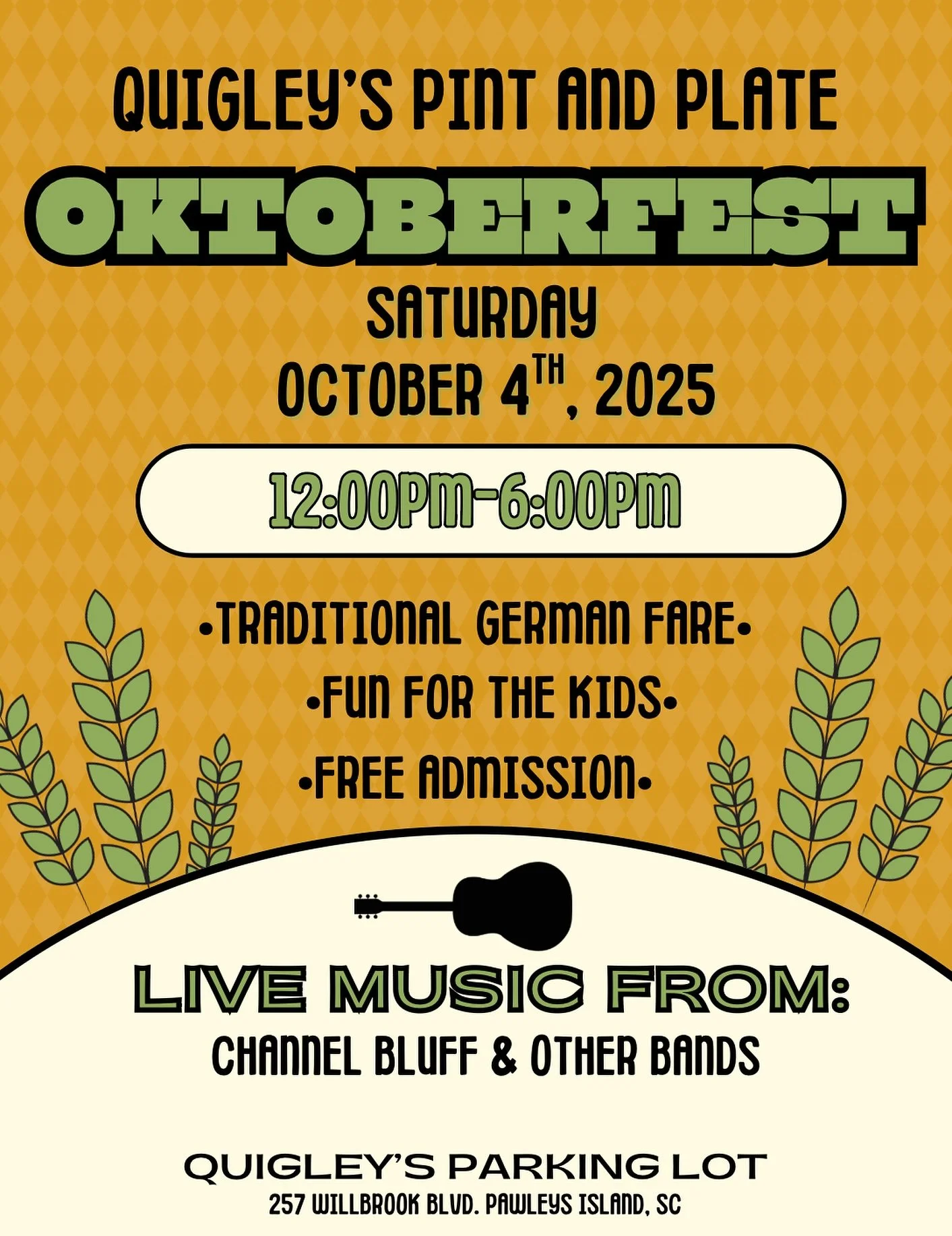 🌟 SAVE THE DATE 
🥨 Quigley&rsquo;s Oktoberfest 
🎃 Saturday, October 4th
⏰ 12:00pm-6:00pm
📍Quigleys Parking Lot 

#oktoberfest #pawleysisland #quigleyspintandplate #quigleys