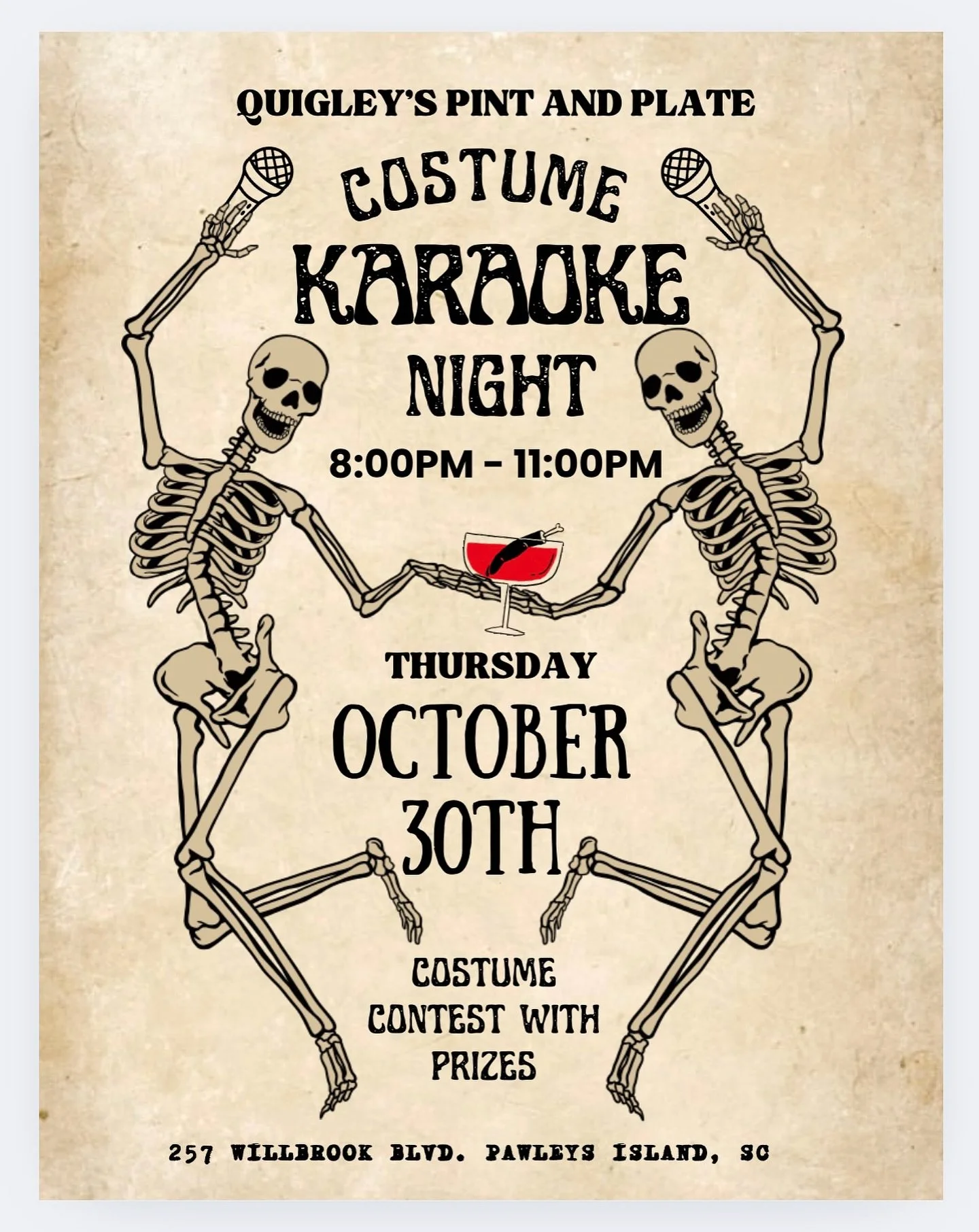🎤👻 Sing your bones out this Halloween Eve! Costume Karaoke Night is coming to Quigley&rsquo;s on Thursday, 10/30. 8pm-11pm🦴🍻

#halloweeen #karaoke #costumekaraoke #quigleyspintandplate #quigleys