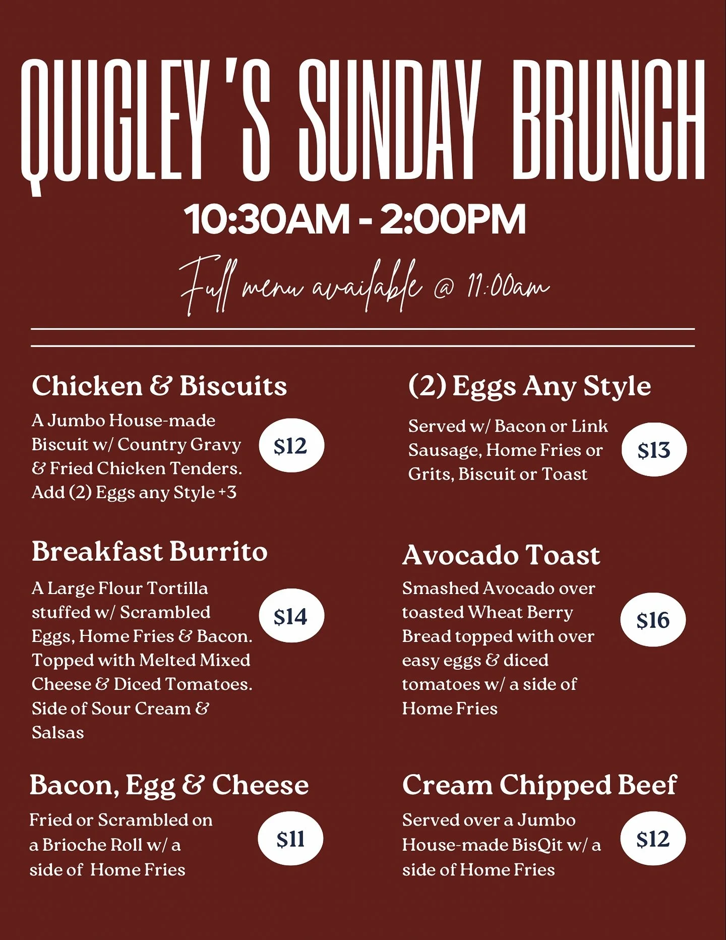 Sundays just got even better around here &mdash; we&rsquo;re now serving brunch starting at 10:30am! Set your alarm and we will see you there 🥓 🍳 🥂

#brunch #sunday #quigleyspintandplate #pawleysisland #breakfast