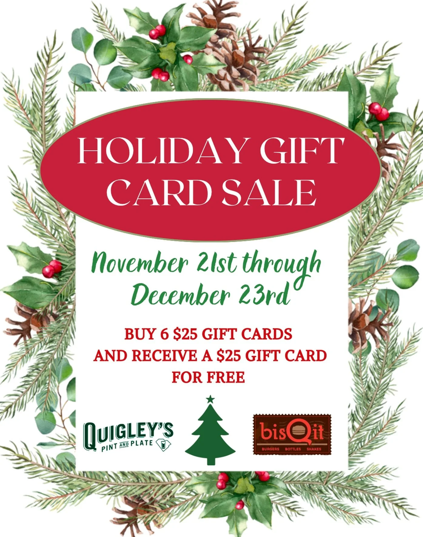 🎄Don&rsquo;t miss out on our annual Gift Card Sale!!

🎁 Buy $150 worth of gift cards and receive a $25 gift card for free!! 

✨Available now until December 23rd!!