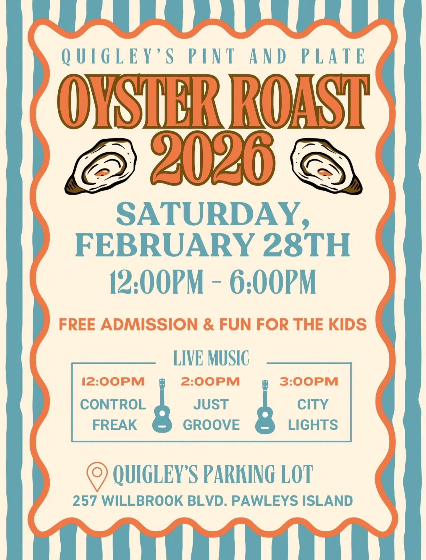 .
⭐️ SAVE THE DATE 
🦪 Quigley&rsquo;s Annual Oyster Roast
☀️ Saturday, February 28th, 2026
⏰ 12:00pm-6:00pm
📍Quigleys Parking Lot 

#quigleyspintandplate #oysterroast #pawleysisland #quigleys #oysters