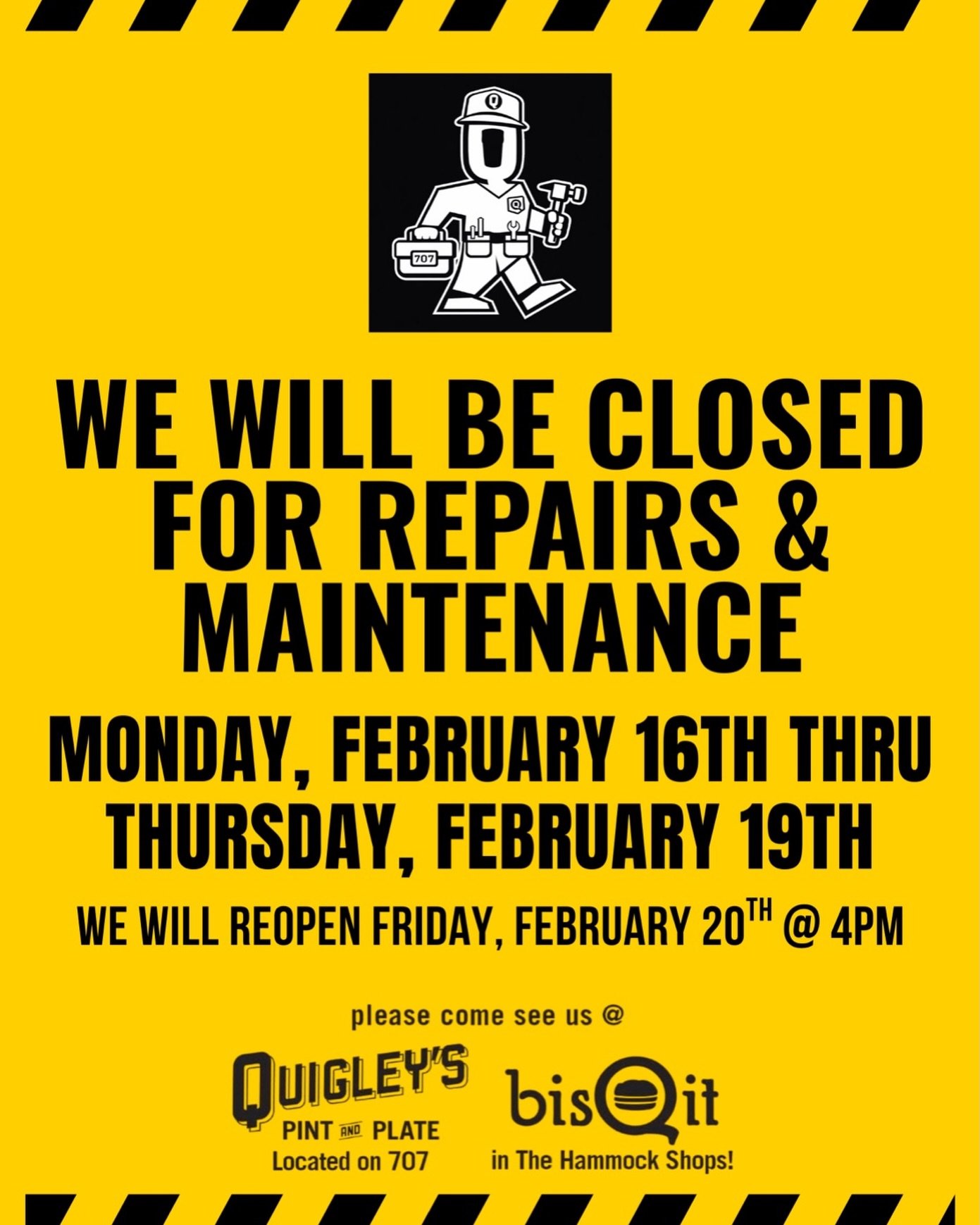 ⚠️ Just a heads up for next week&hellip;. Closed Monday, 2/16 - Thursday, 2/19!!!

We will be open normal hours this weekend (11:30am-10:00pm) so come eat with us, get your growlers filled, and hang out while you can!!