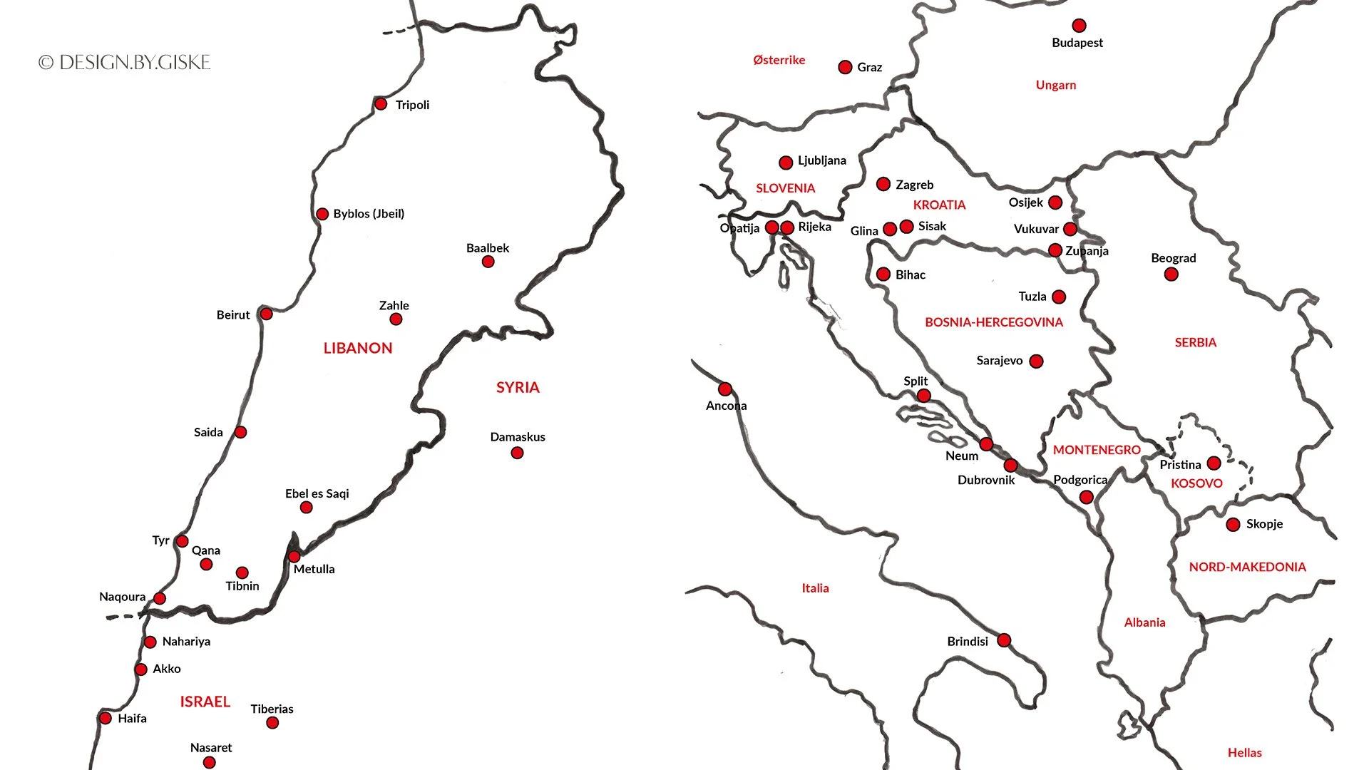 Kartillustrasjoner til boka "Mine turer ut - 5 år i FN-tjeneste på Balkan og i Midtøsten" av Tor H. Berland // © Design by Giske, desember 2025