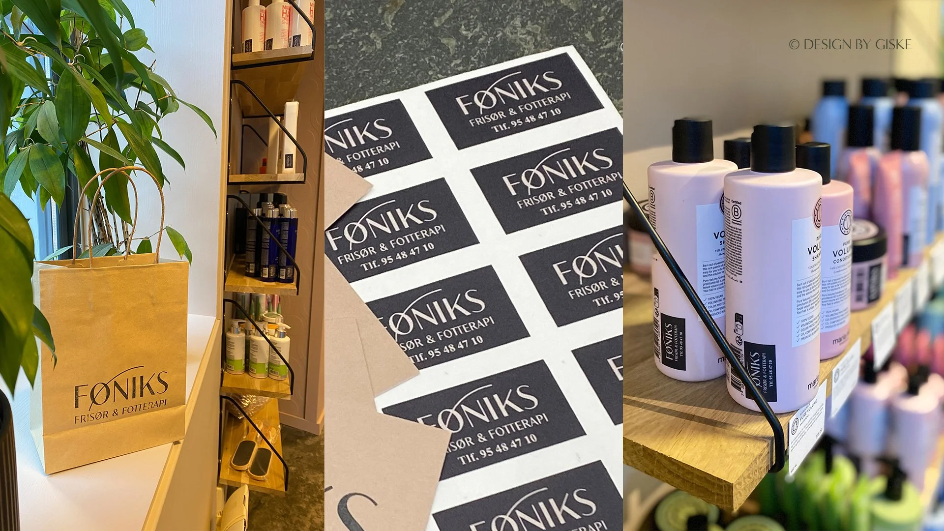 Logo - visuell identitet - trykksaker - profilering - stickers - klistremerker - hårprodukt - stempel - papirposer // FØNIKS frisør & fotterapi, Voss // © Design by Giske - januar 2026