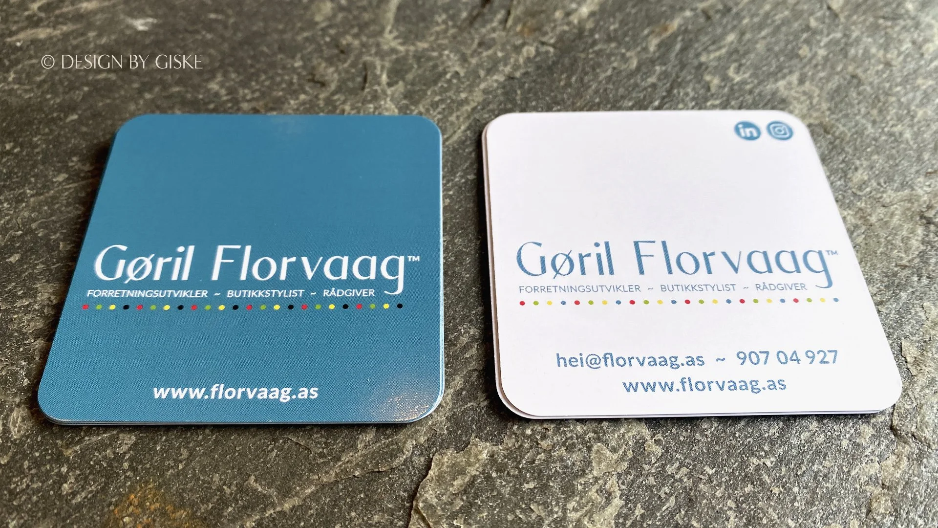 Gøril H. Florvaag, Bryne, forretningsutvikler - butikkekspert - butikkstylist - rådgiver // Utvikling av ny logo & identitet - trykksaker - visittkort - profilering - funksjonell design - merkevarebygging // © Design by Giske 2026