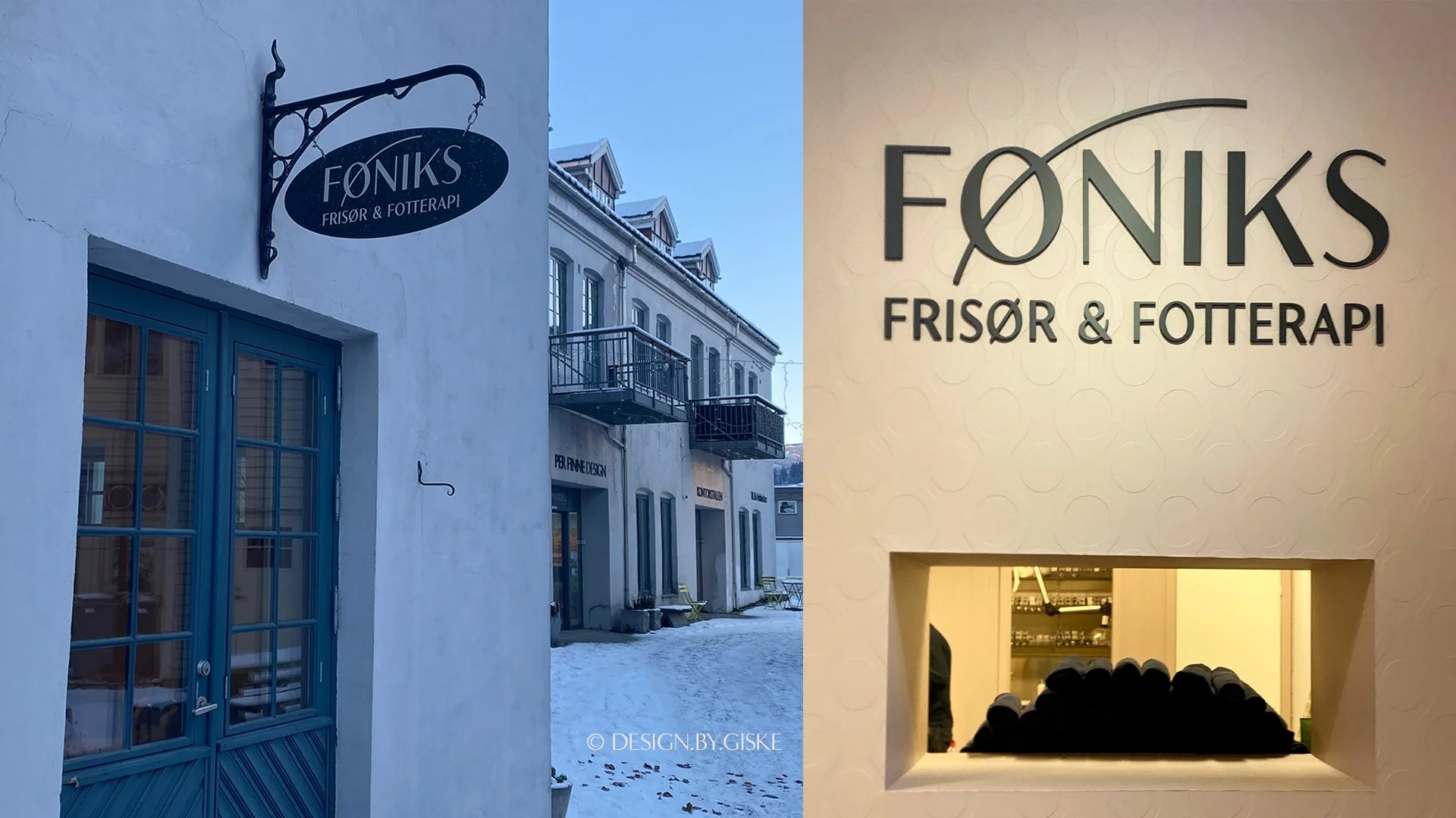 Logo - visuell identitet - skilting - pvc skilt- hengeskilt - profilering // FØNIKS frisør & fotterapi, Voss // © Design by Giske - januar 2026