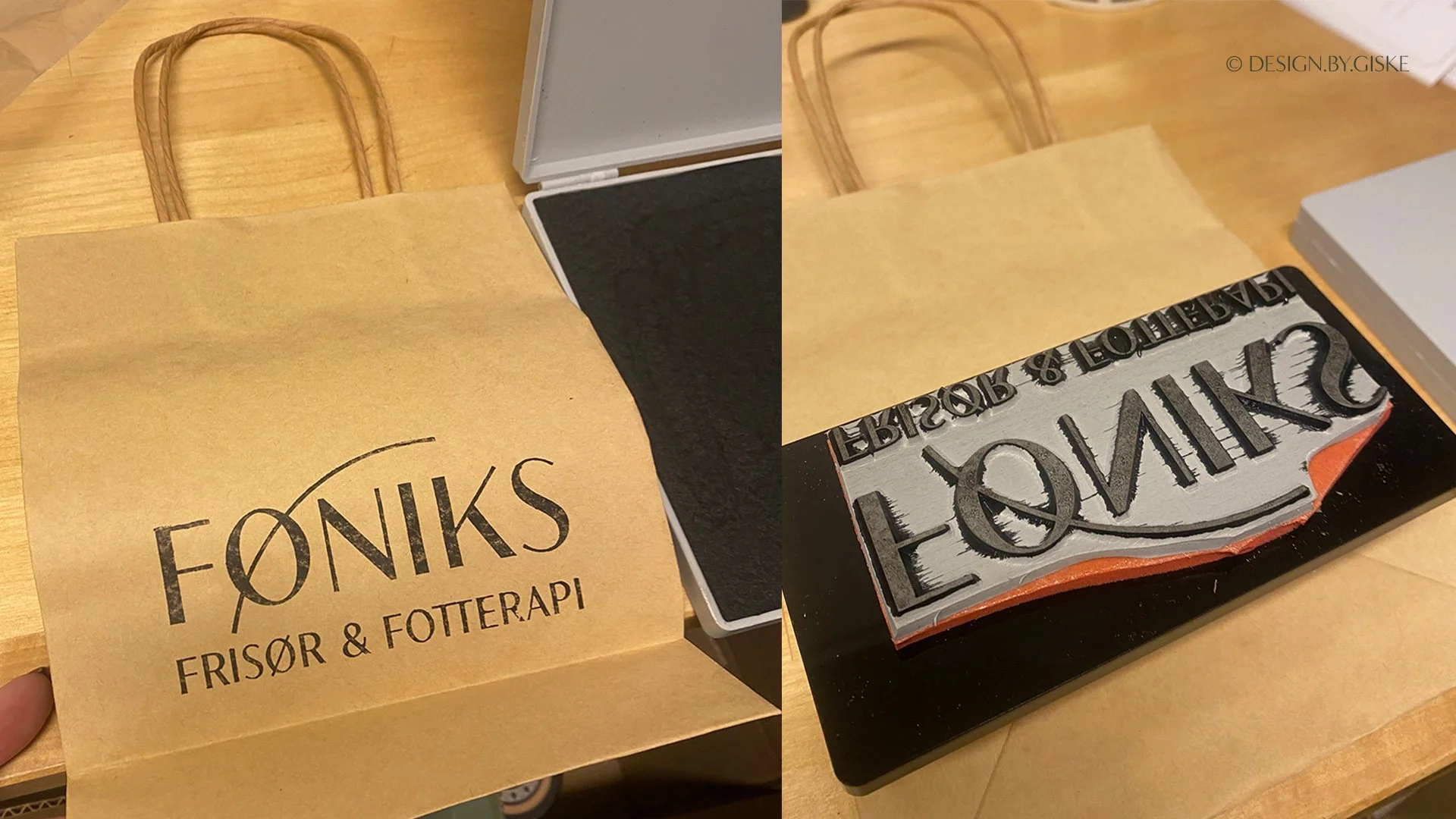 Logo - visuell identitet - trykksaker - profilering - stempel - papirposer // FØNIKS frisør & fotterapi, Voss // © Design by Giske - januar 2026