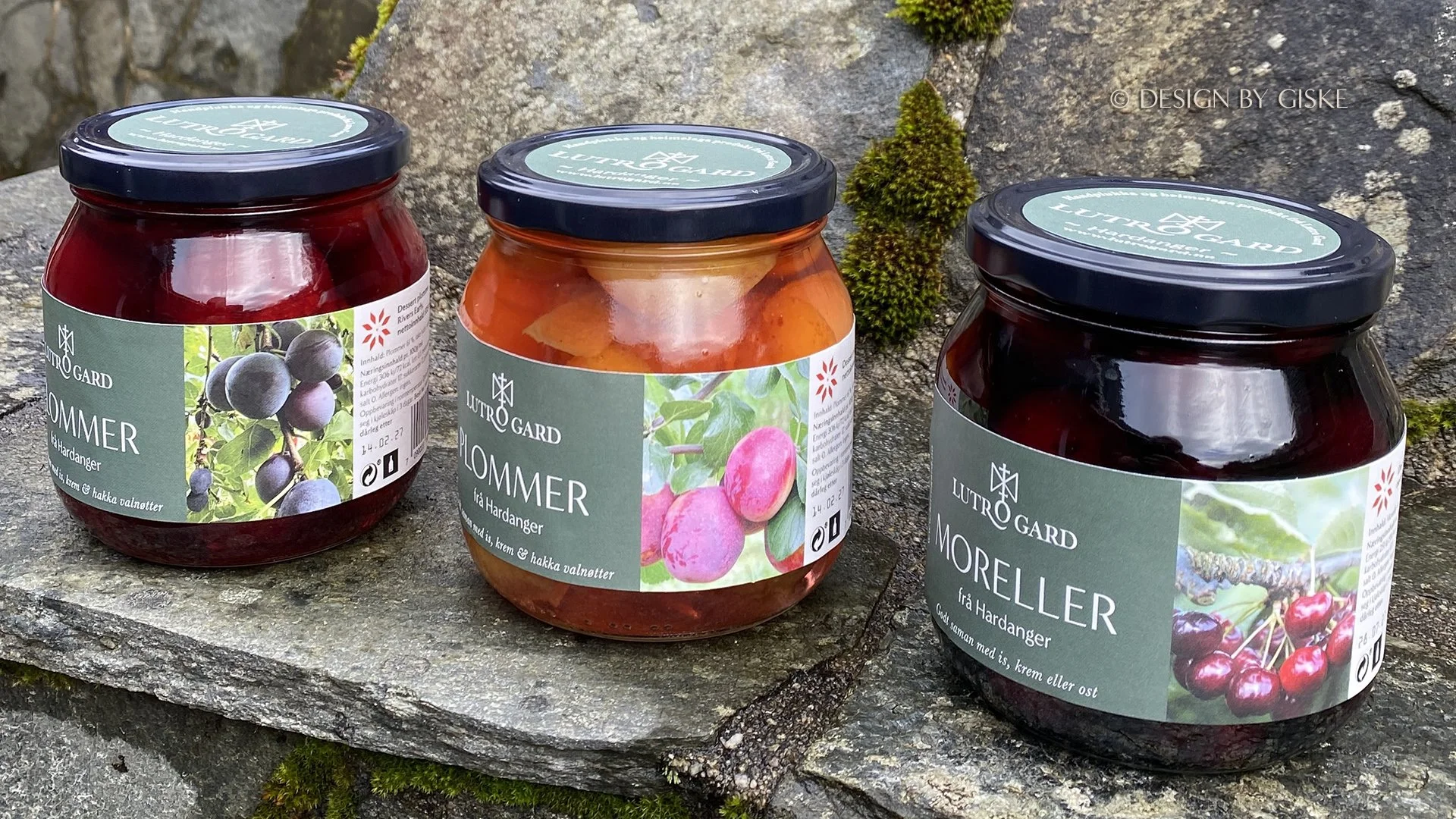 Utvikling av etikett konsept for Lutro Gard på Lofthus i Hardanger // Logo - identitet - merkevarebygging - etikettdesign - etiketter - frukt - hermetisk frukt - plommer - moreller // © Design by Giske 2025