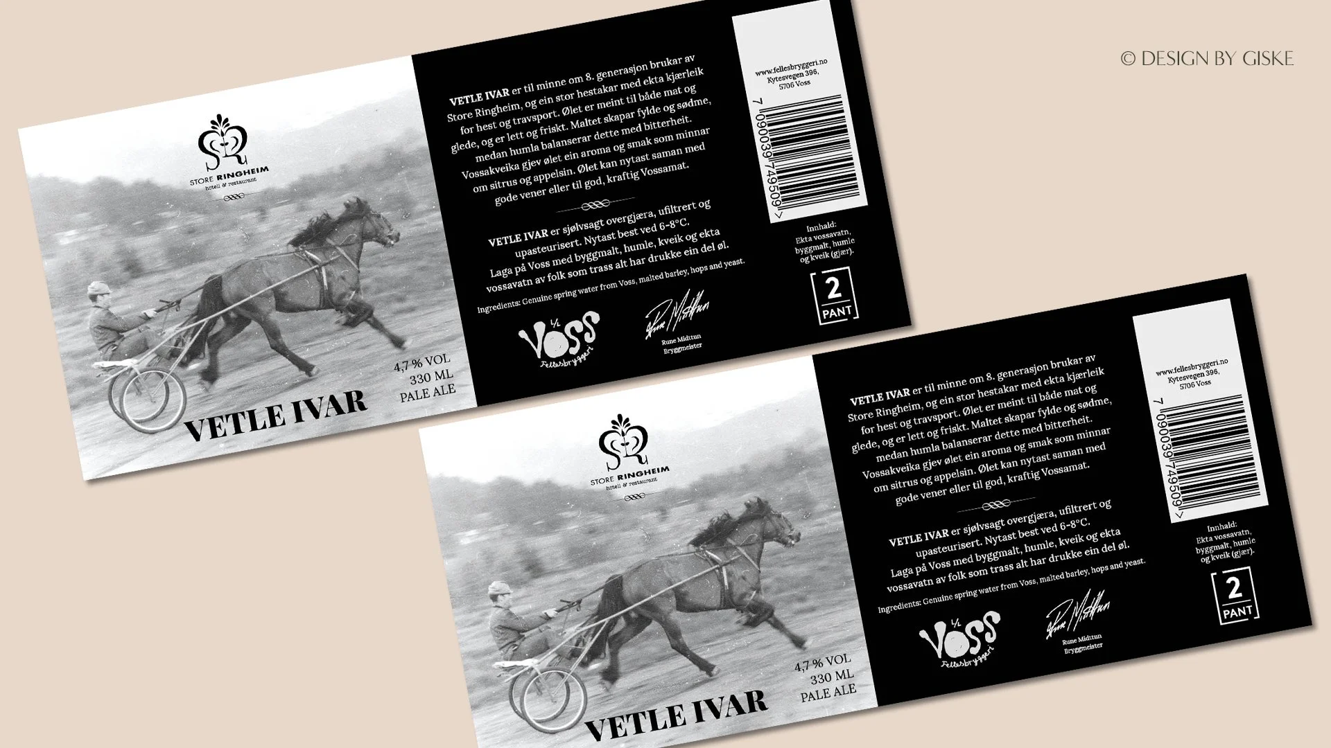 Redesign av etikett til ølet Vetle Ivar, våren 2026 // etikett design, emballasje, identitet, merkevarebygging, beer labels, packaging // Store Ringheim hotell og restaurant - L/L Voss Fellesbryggeri// © Design by Giske 2026