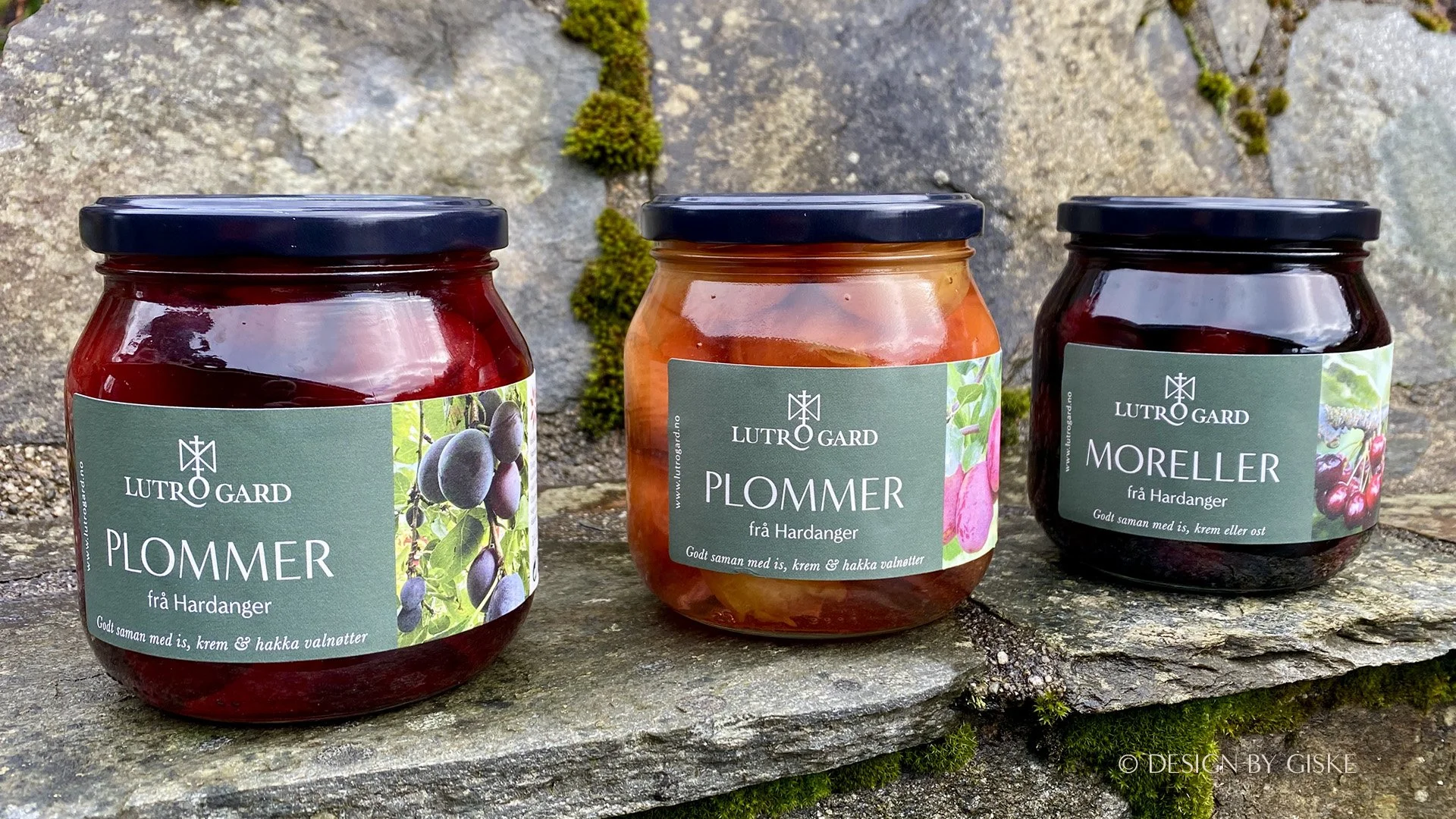Utvikling av etikett konsept for Lutro Gard på Lofthus i Hardanger // Logo - identitet - merkevarebygging - etikettdesign - etiketter - frukt - hermetisk frukt - plommer - moreller // © Design by Giske 2025