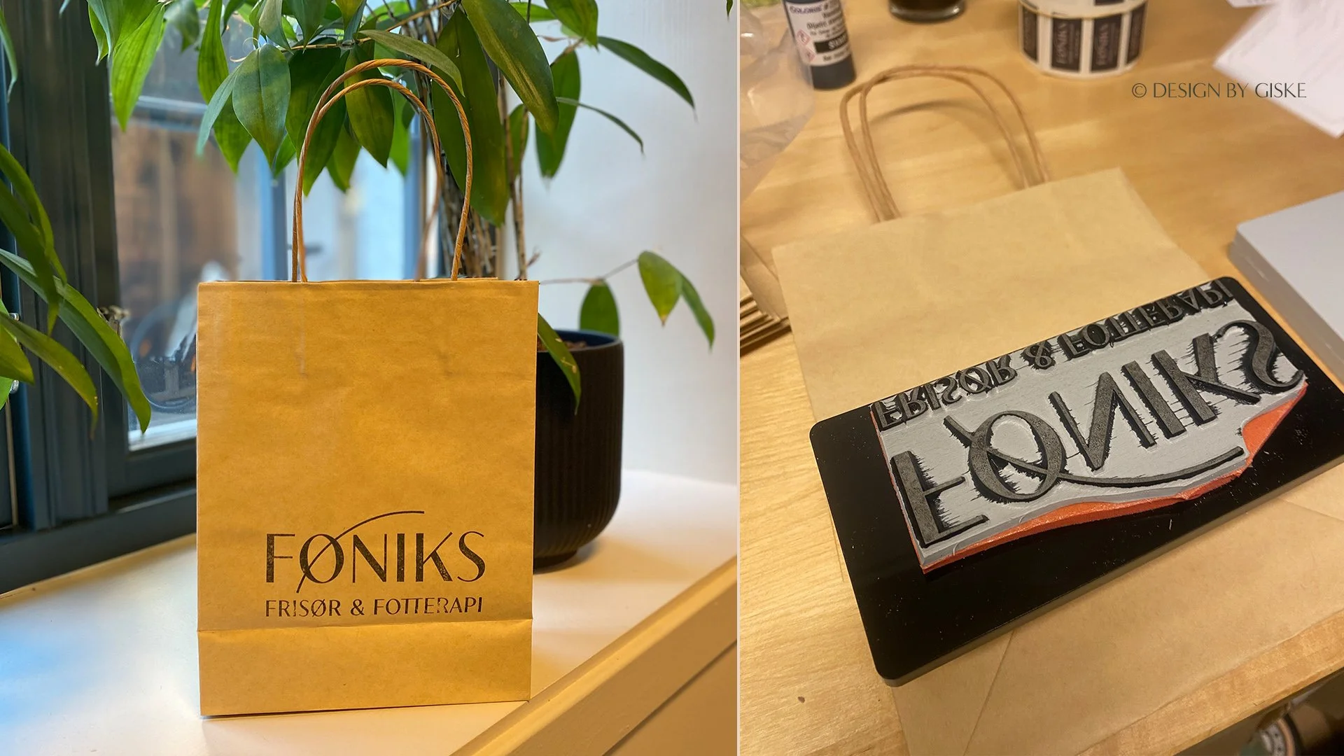 Logo - visuell identitet - trykksaker - profilering - stempel - papirposer // FØNIKS frisør & fotterapi, Voss // © Design by Giske - januar 2026