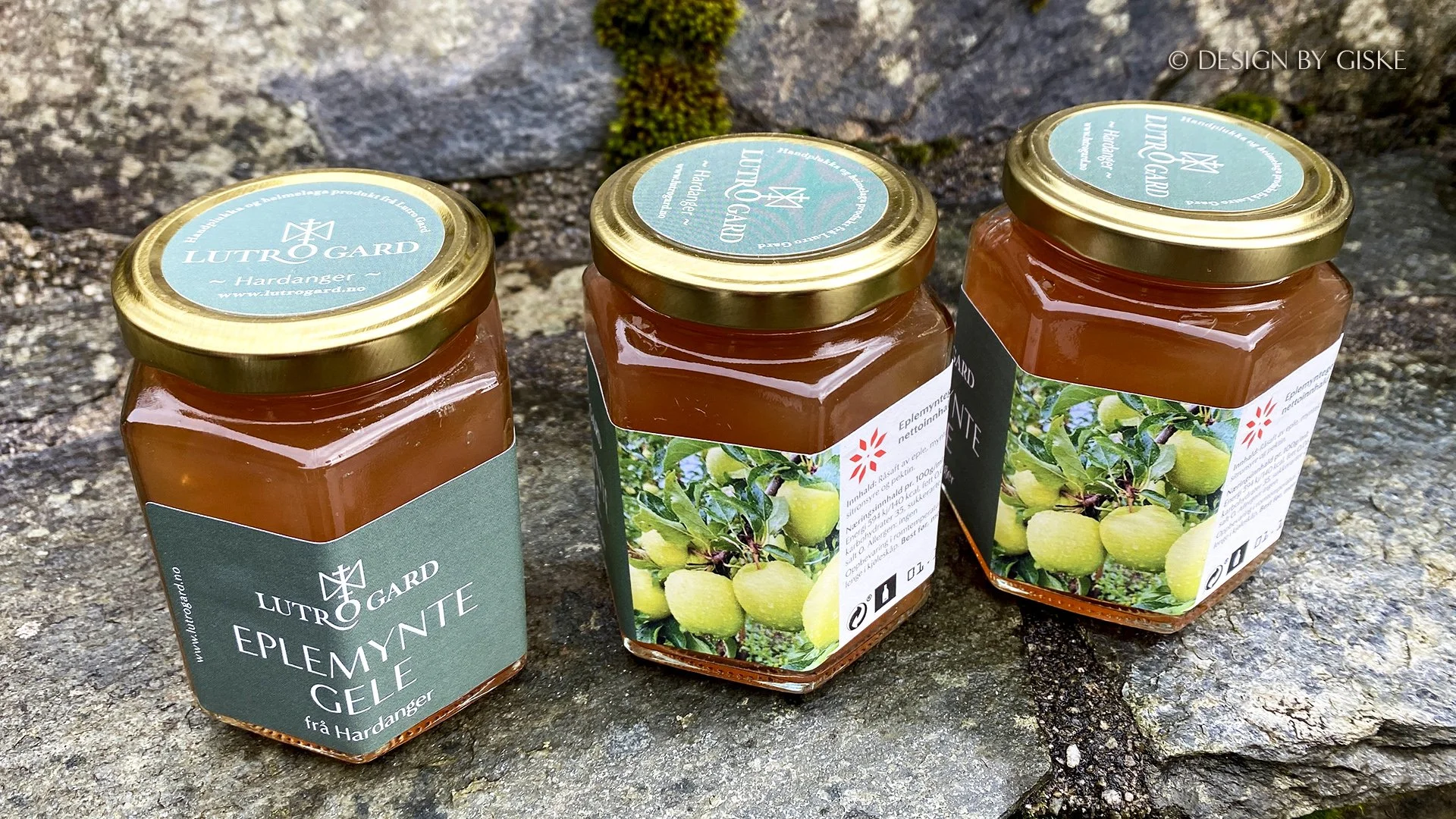 Utvikling av etikett konsept for Lutro Gard på Lofthus i Hardanger // Logo - identitet - merkevarebygging - etikettdesign - etiketter - frukt - eplemyntegele // © Design by Giske 2025