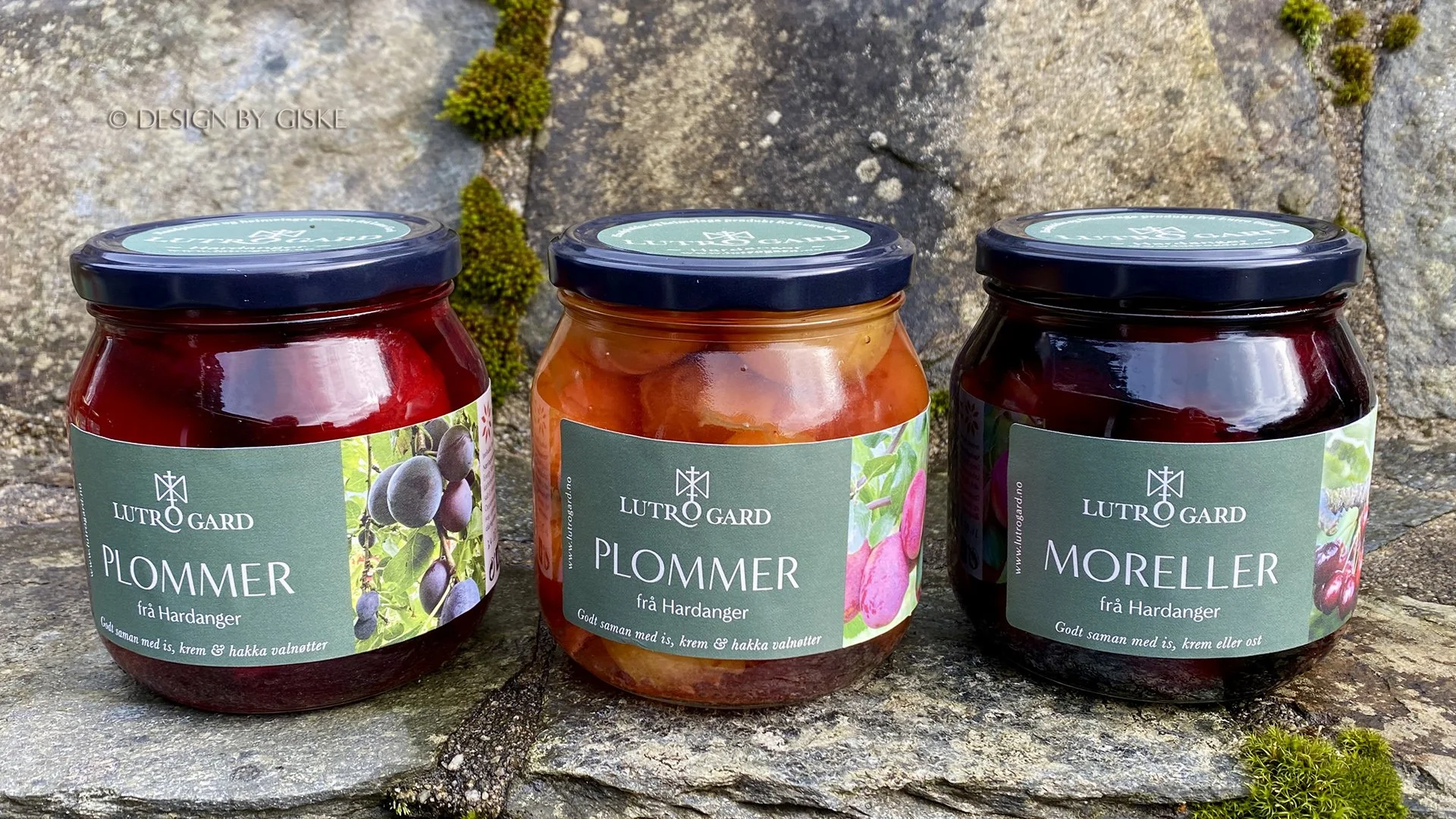 Utvikling av etikett konsept for Lutro Gard på Lofthus i Hardanger // Logo - identitet - merkevarebygging - etikettdesign - etiketter - frukt - hermetisk frukt - plommer - moreller // © Design by Giske 2025
