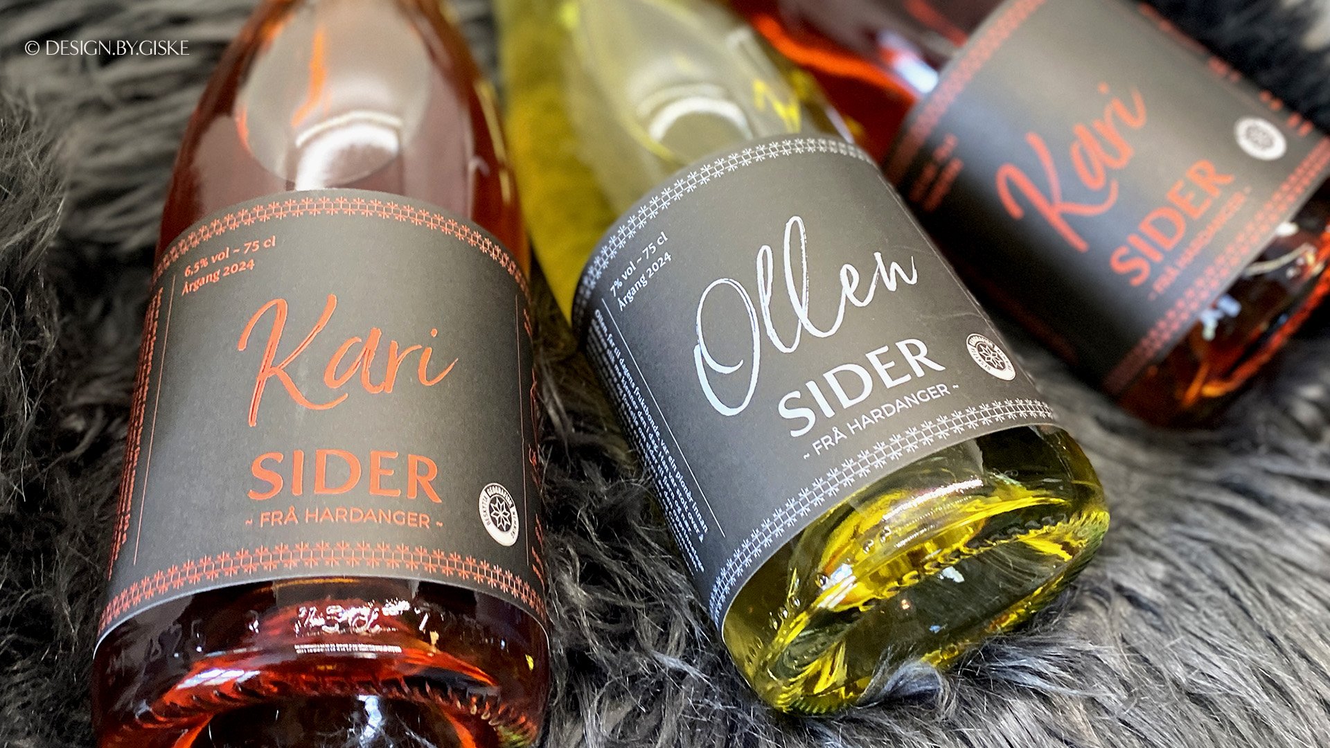 Kari, Ollen og Knuta - eplesider frå Lié Gard i Lofthus i Hardanger // Etikettdesign, etikettkonsept, etiketter, labels, apple cider / © Design by Giske 2025