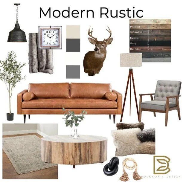 Design is displaying one's real lifestyle! We had so much fun with this clients Modern Rustic Living Room Virtual Design Board. 
 #duckordesign #westbroektaxidermy #taxidermy #taxidermyart #taxidermydecor #taxidermyhome #buck #bigbucks #trophyroom #d