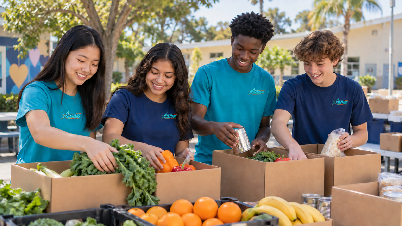 Four diverse students wearing J. Allen Allstars Foundation shirts pack fresh produce and food donations for their community.