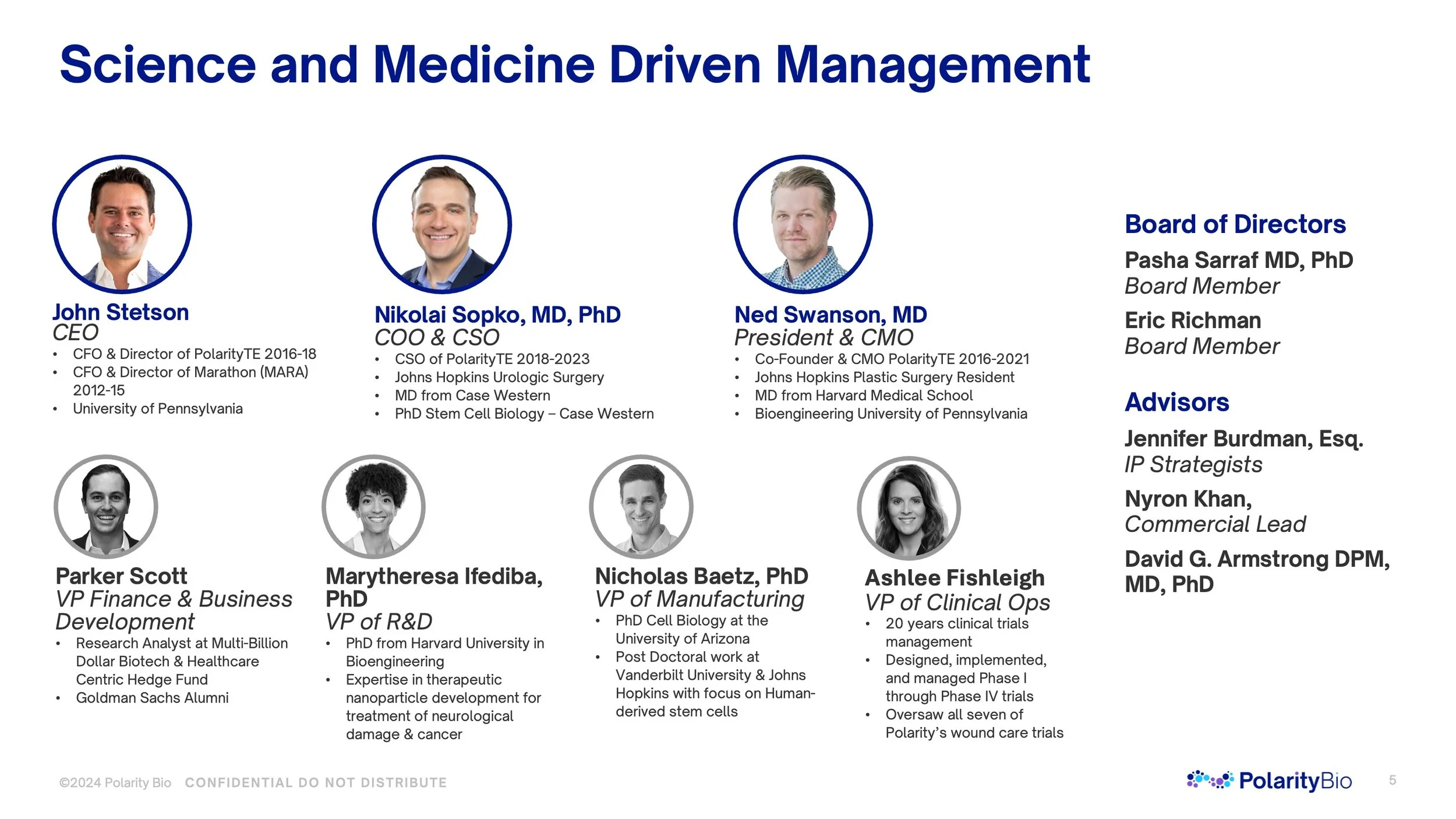 Organizational chart titled 'Science and Medicine Driven Management' showing photos and titles of executives and board members at Polarity Bio, including CEO John Stetson, COO Nikola Sokpo, MD, PhD, President Ned Swanson, MD, and others, with a list of board members and advisors on the right.