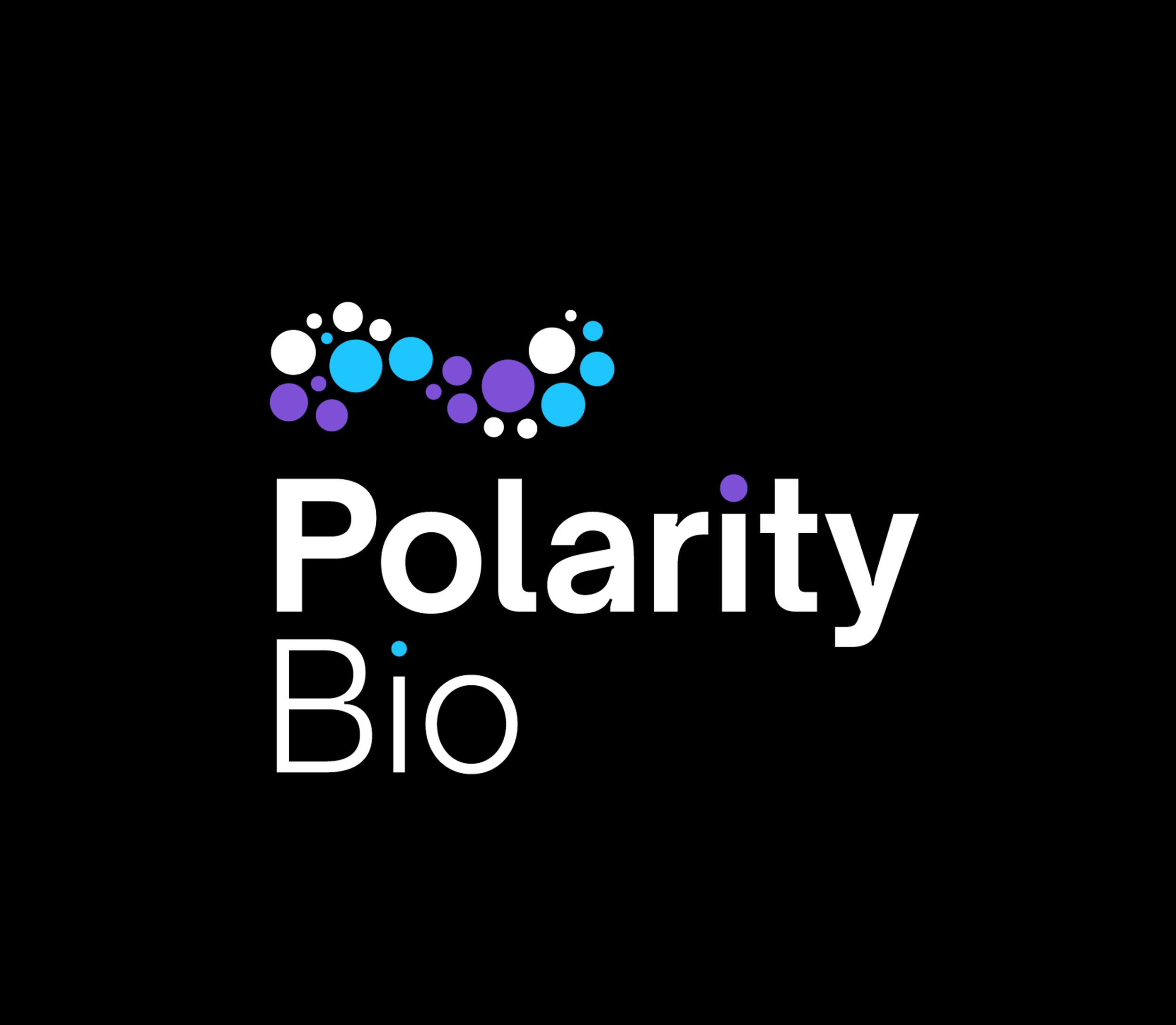 Logo for Polarity Bio with purple, blue, and white circles above the name on a black background.