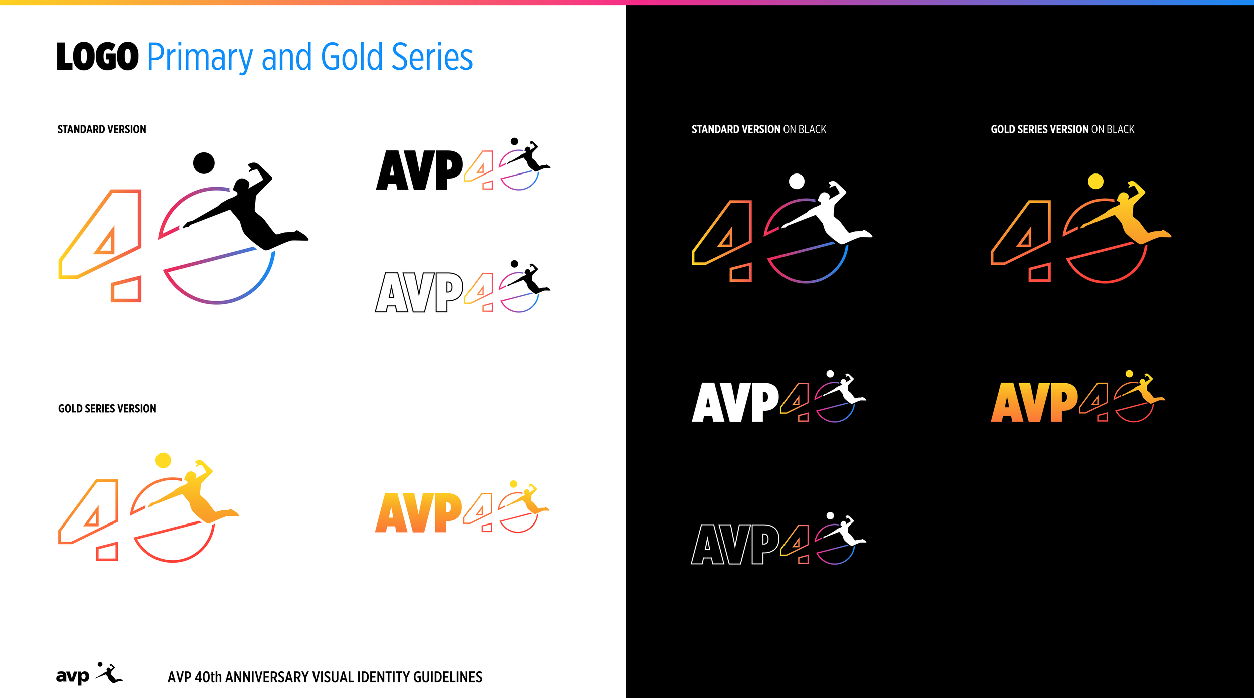 Comparison of four logo variations for AVP 40th anniversary visual identity guidelines, including primary, gold series on white and black backgrounds, with contrasting color schemes and styles.