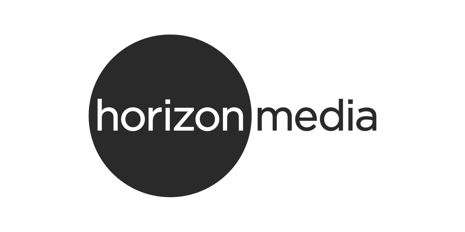 Horizon Media logo with a black circle and the words "horizon media" in lowercase, black and white text.
