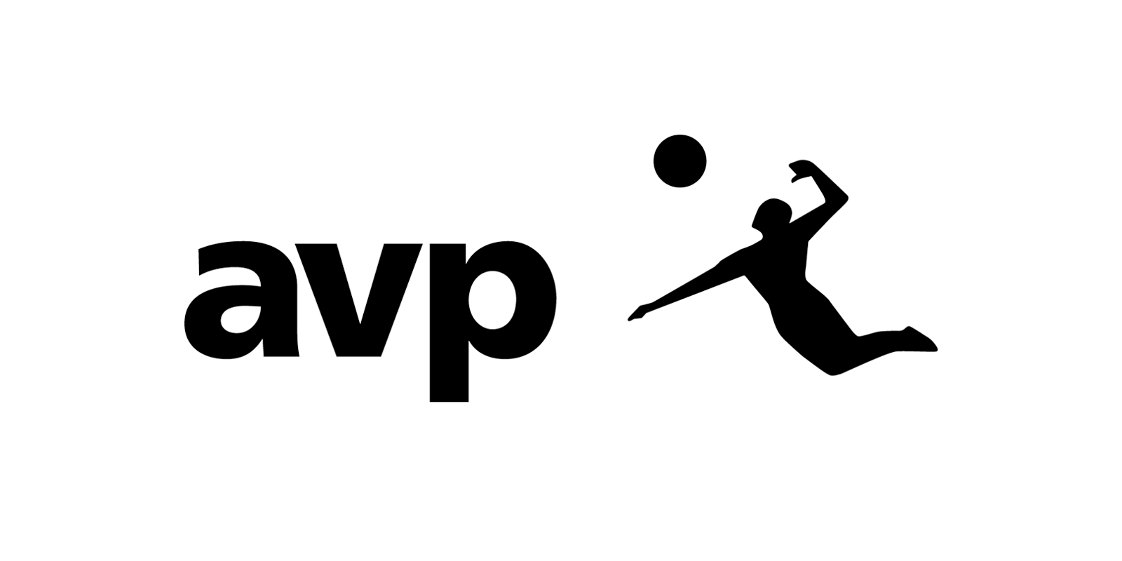 Black silhouette of a volleyball player diving to hit a ball next to the letters 'avp' on a white background.