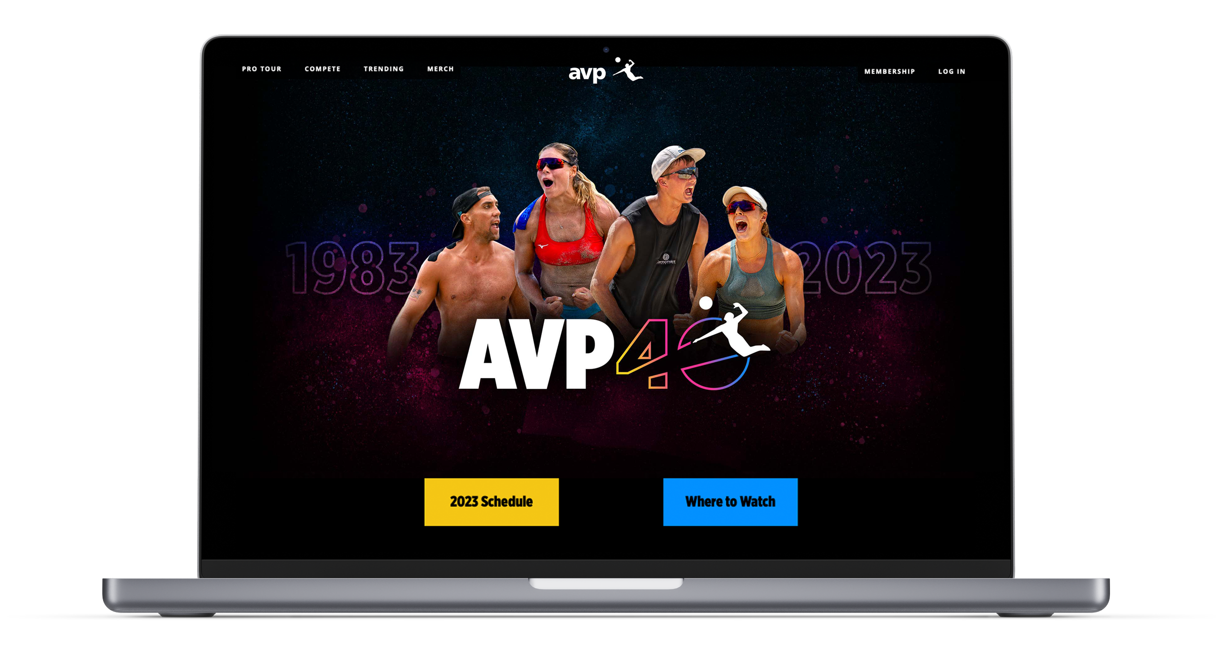 A laptop screen displaying a website for AVP featuring a group of athletes running, with a cosmic background and the years 1983 and 2023. There are two buttons labeled '2023 Schedule' and 'Where to Watch'.