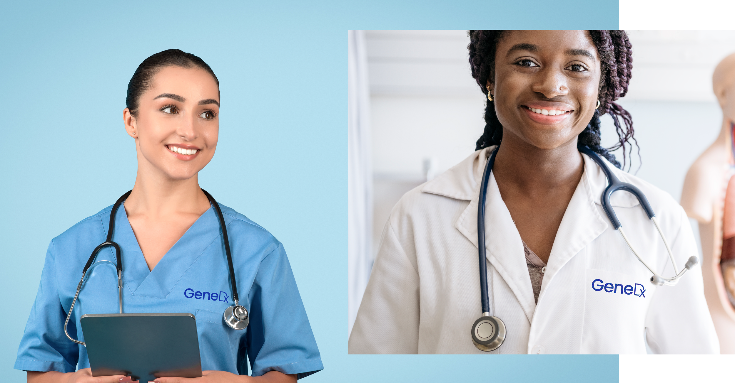 Two female healthcare professionals wearing coats with GeneX logos, one in blue scrubs and the other in white. They are smiling, and each has a stethoscope around their neck.