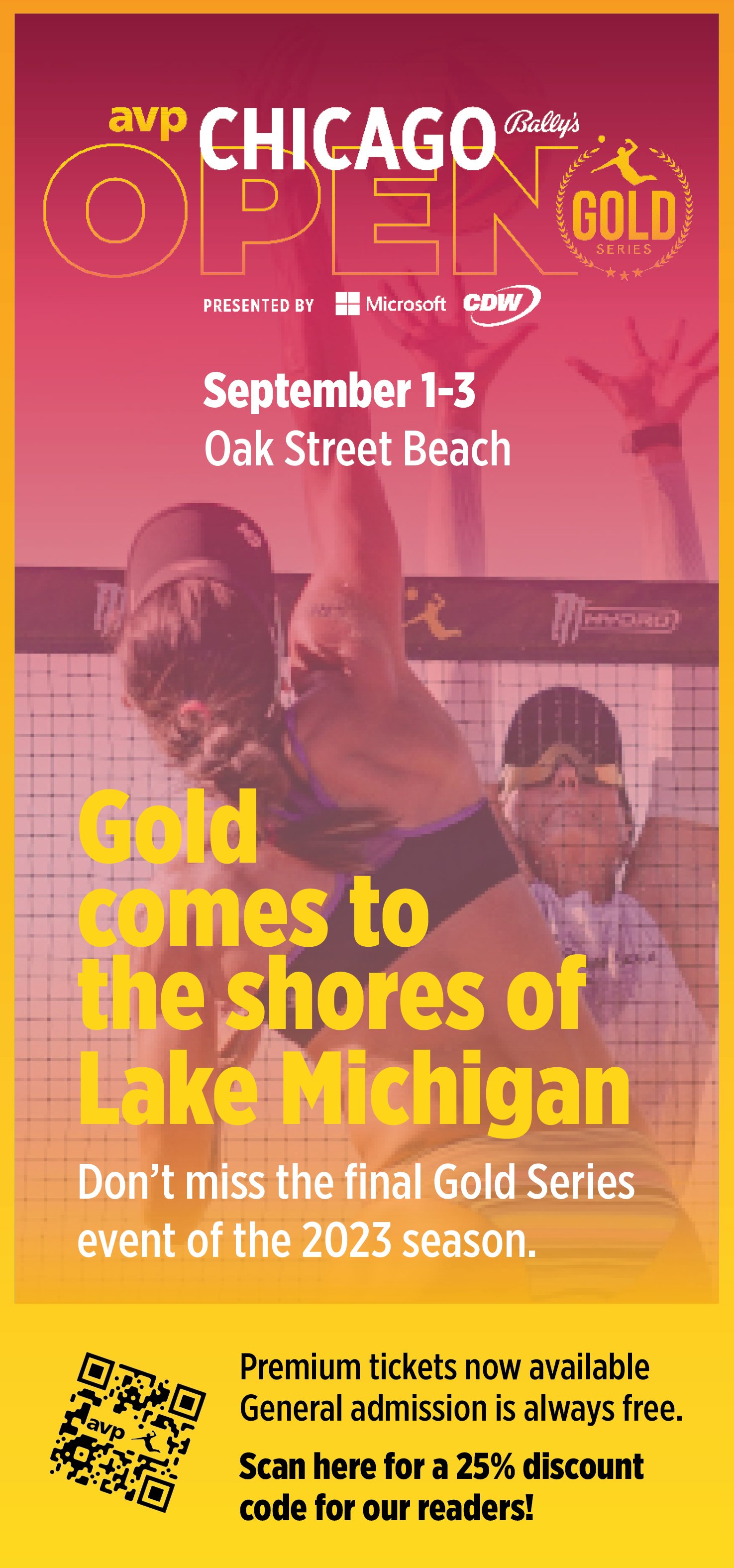 A promotional poster for the AVP Chicago Gold Series volleyball event at Oak Street Beach from September 1st to 3rd, 2023. The poster features a volleyball player in action and contains text about event details and discounts.