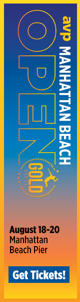 Event banner advertising 'Open' on August 18-20 at Manhattan Beach Pier, with a golden animal logo, and a call to action to get tickets.