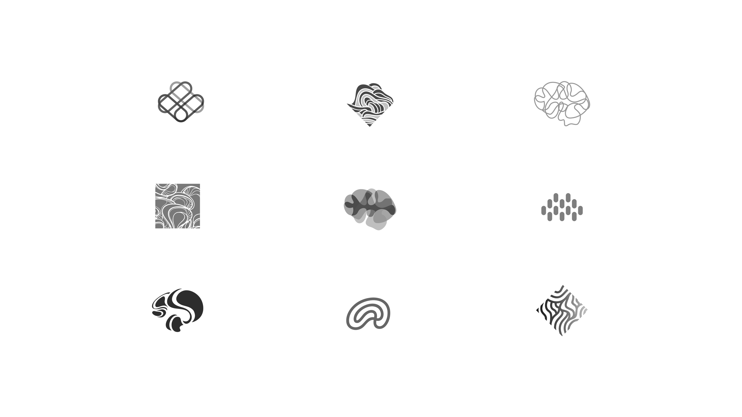 Nine abstract black and white logos arranged in a 3x3 grid.