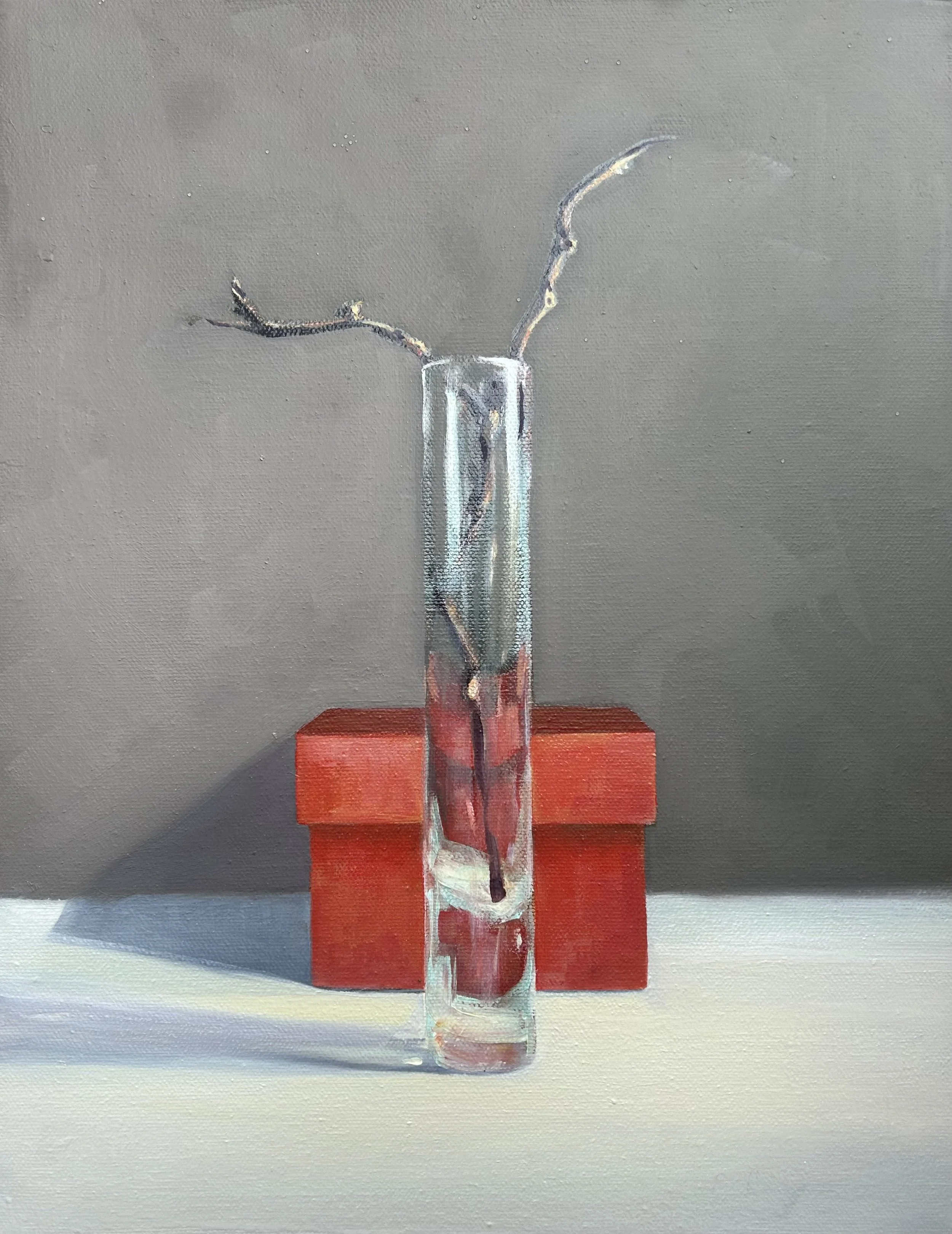  Glass, Twig, Red Box 
11" x 14" 
OIL ON CANVAS