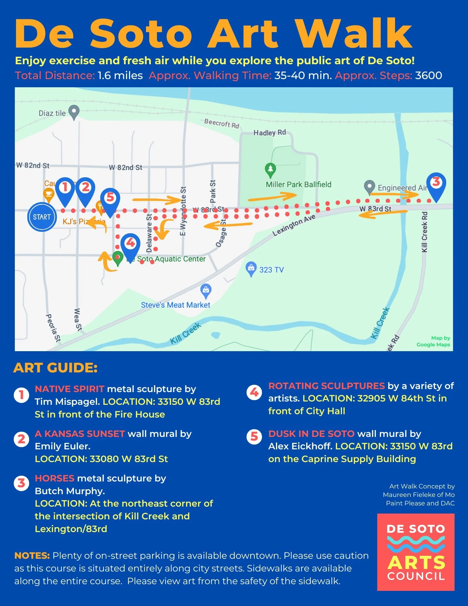 This is a map of De Soto's Art Walk. It tours 5 pieces of public art on a 1.6 mile loop.