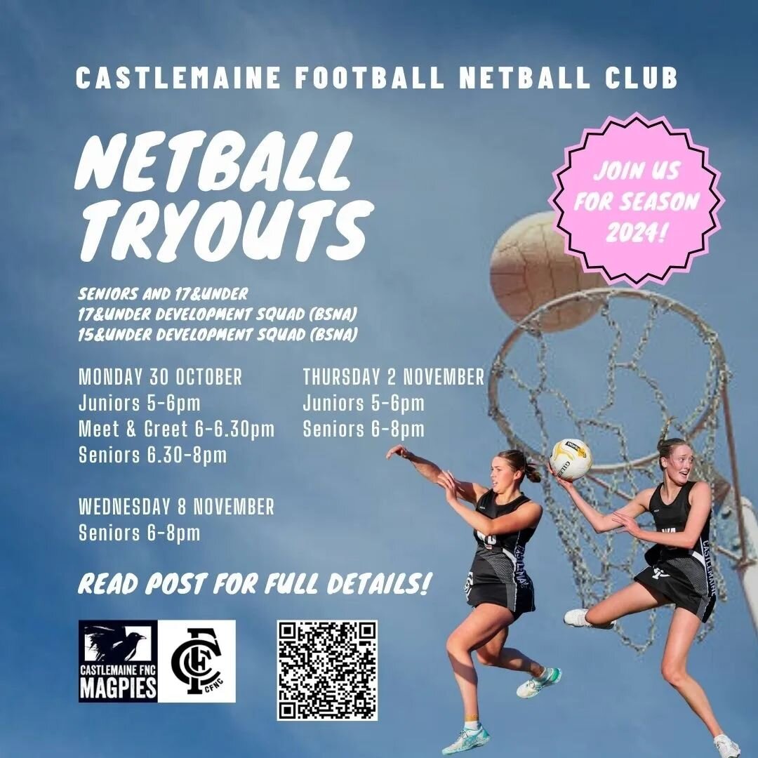 Inviting all netballers to attend our Tryouts starting Monday 30 October! 🏐

Please register via the link or scan the QR code: https://docs.google.com/forms/d/e/1FAIpQLScHIDz6jzDxsRL34ZuiKkSFOkDJbE2FsS3dNdimWs_ou4tb8g/viewform?usp=embed_facebook

Tr