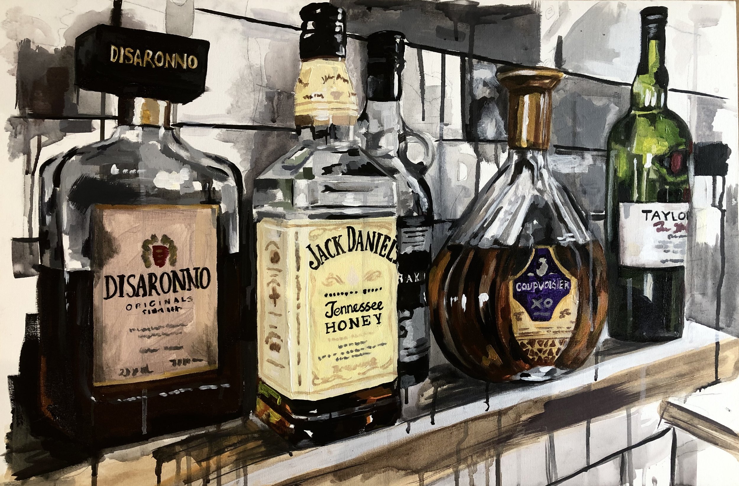 "Bottles" 
Acrylic Painting on Canvas Board 
20" x 30" 