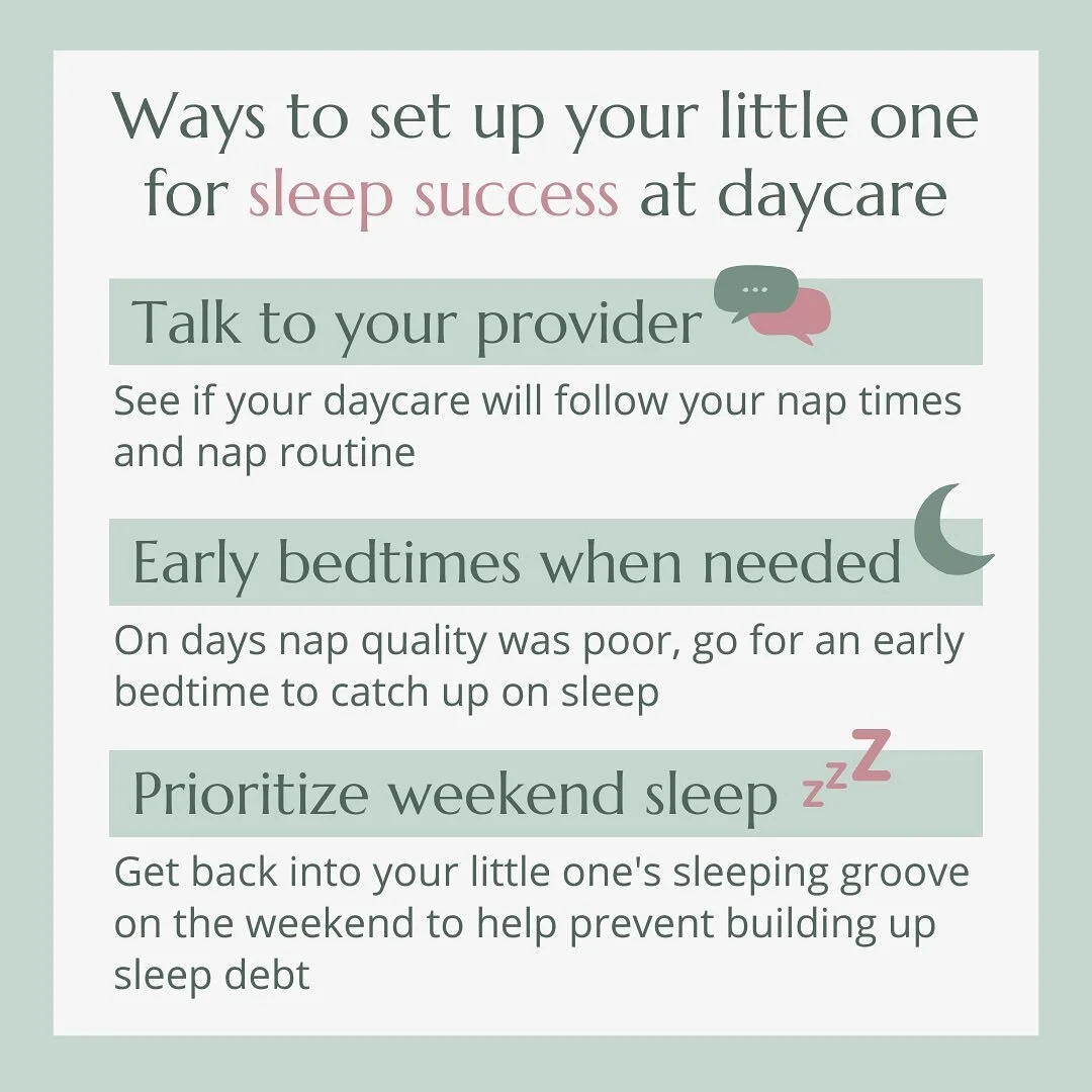 It&rsquo;s completely okay to feel like your baby&rsquo;s sleep may not be the same way at daycare as it is at home. It's a different environment! Here are my tips for setting up your little one for sleep success at daycare:

 
1️⃣ Talk to your dayca