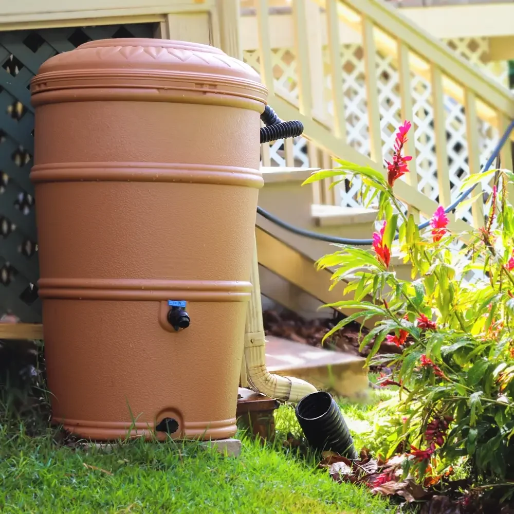 A freshly installed rain barrel ready to collect rainwater to water the yard at a home in the Ala Wai watershed, led by Mālama Maunalua with support from the Clean Water Branch of the Department of Health