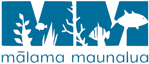 logo of Malama Maunalua, underwater scene with seaweed, fish, and coral in a dark blue background.