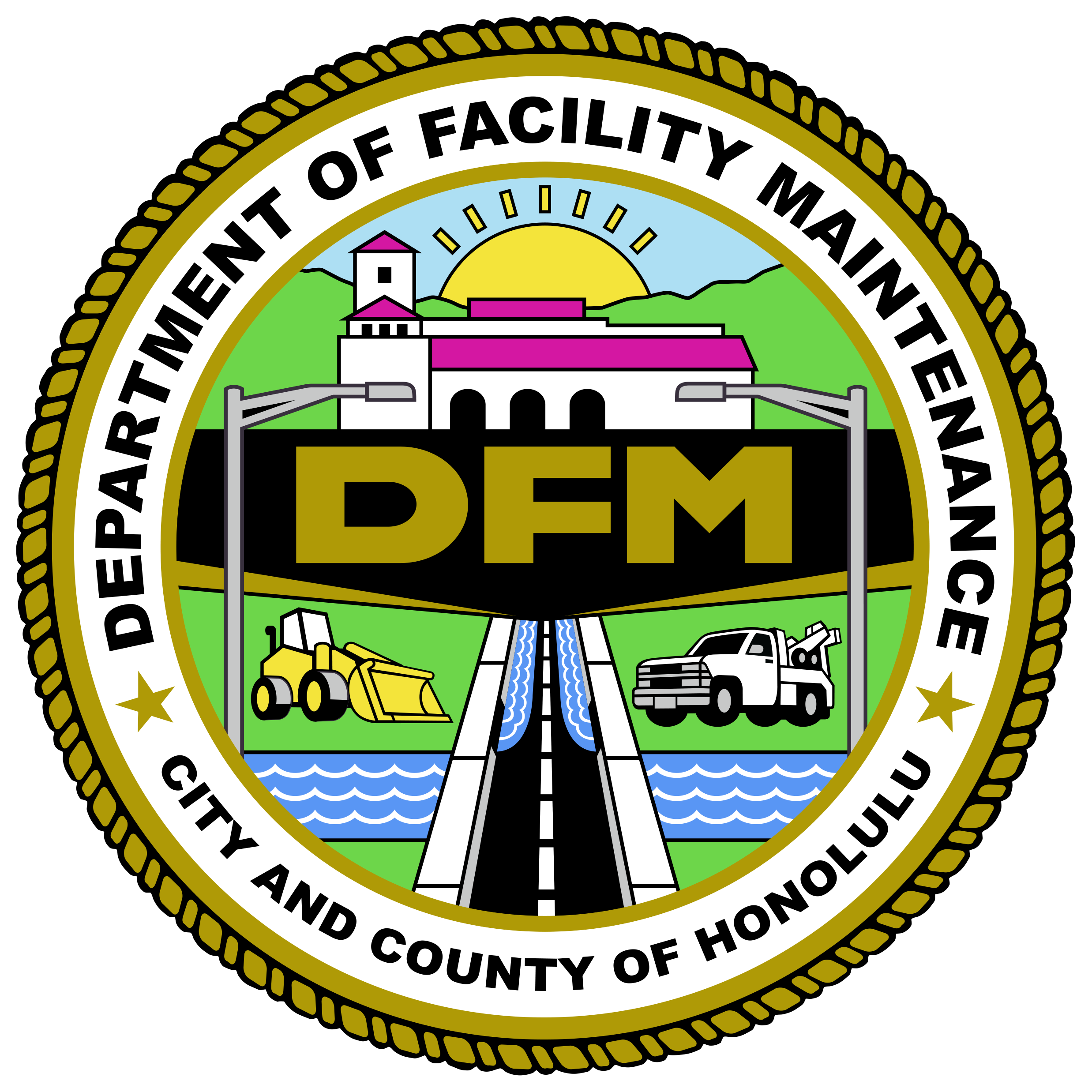 Seal of the Department of Facility Maintenance of Honolulu, featuring a building, trees, a bridge, and various vehicles.