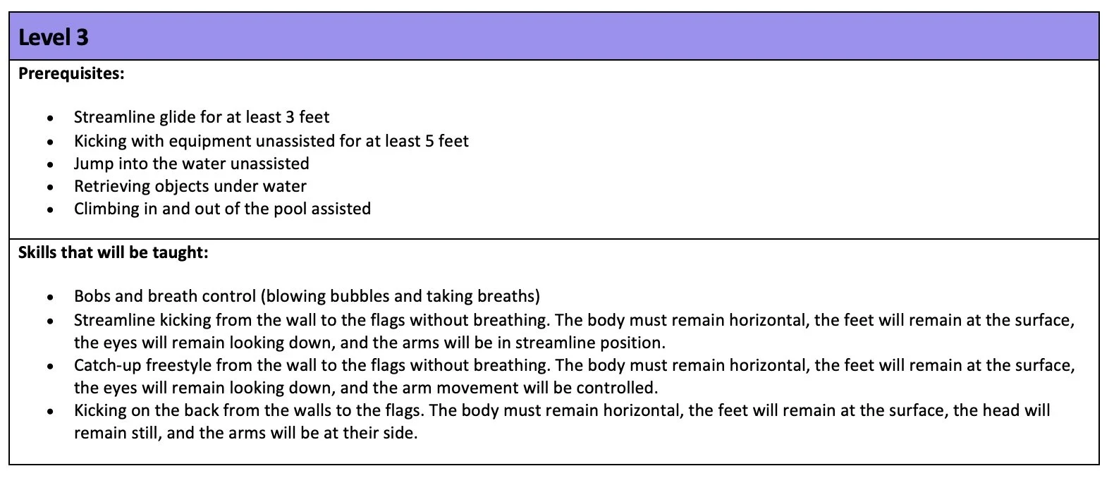 Section titled 'Level 3' with prerequisites and skills that will be taught for a swimming or water activity. Prerequisites include glide, kicking, jumping, retrieving objects, and climbing. Skills include breath control, kicking, freestyle, catch-up, and back kicking techniques.