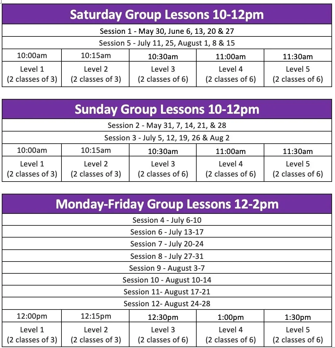 Schedule chart for weekly group lessons in July and August, divided into Saturday, Sunday, and Monday-Friday sessions, with times, levels, and class sizes listed.