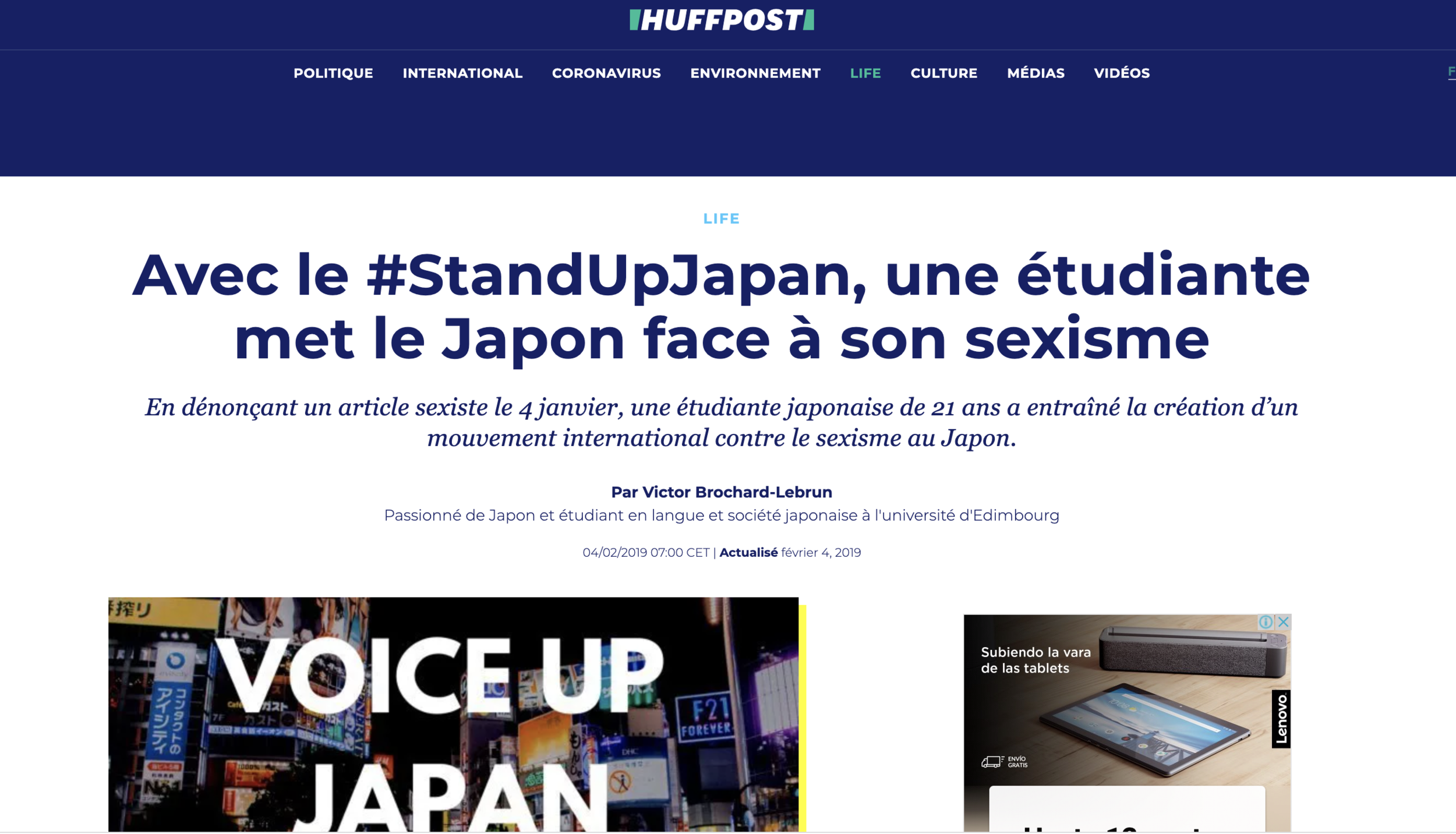 Huffpost France: Avec le #StandUpJapan, une étudiante met le Japon face à son sexisme